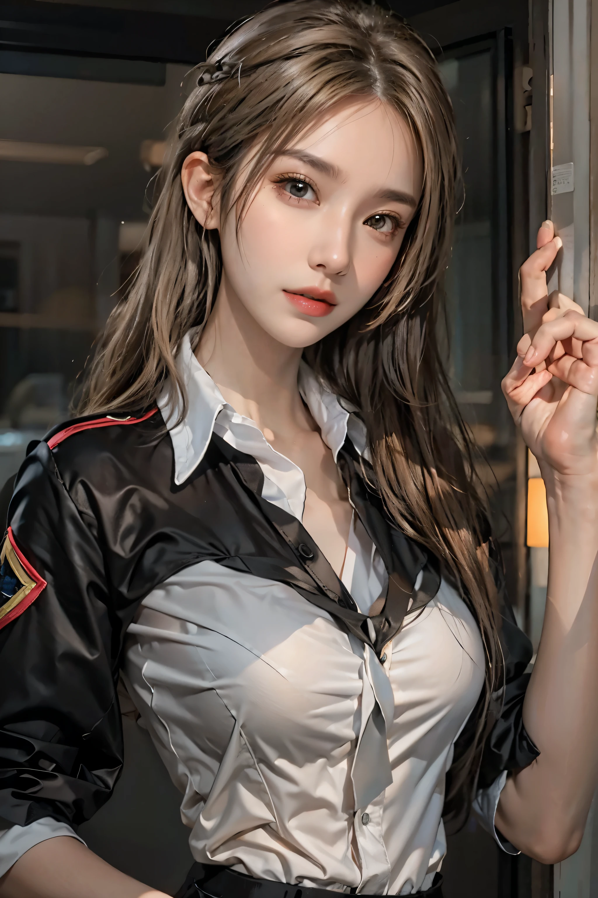 realistic, High resolution, soft light,1 female, alone, hip up, glowing skin, (detailed face),tattoo, jewelry, secretary clothes, white shirt, black skirt, black stockings, garter belt, night, blonde hair, wavy hair, Beautiful Soldier, Eyes that invite the viewer, spouse'point of view, attractive appearance, sexy smile, perfect style, perfect balance, fine skin, naughty look, I can see your breasts