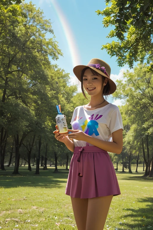 The girl stands with a beaming smile on her face, holding a jar of magic paint in his hands. It is surrounded by a magical and colorful environment, with bright colors, Bright trees and sky, full of rainbows. Resolution 4K