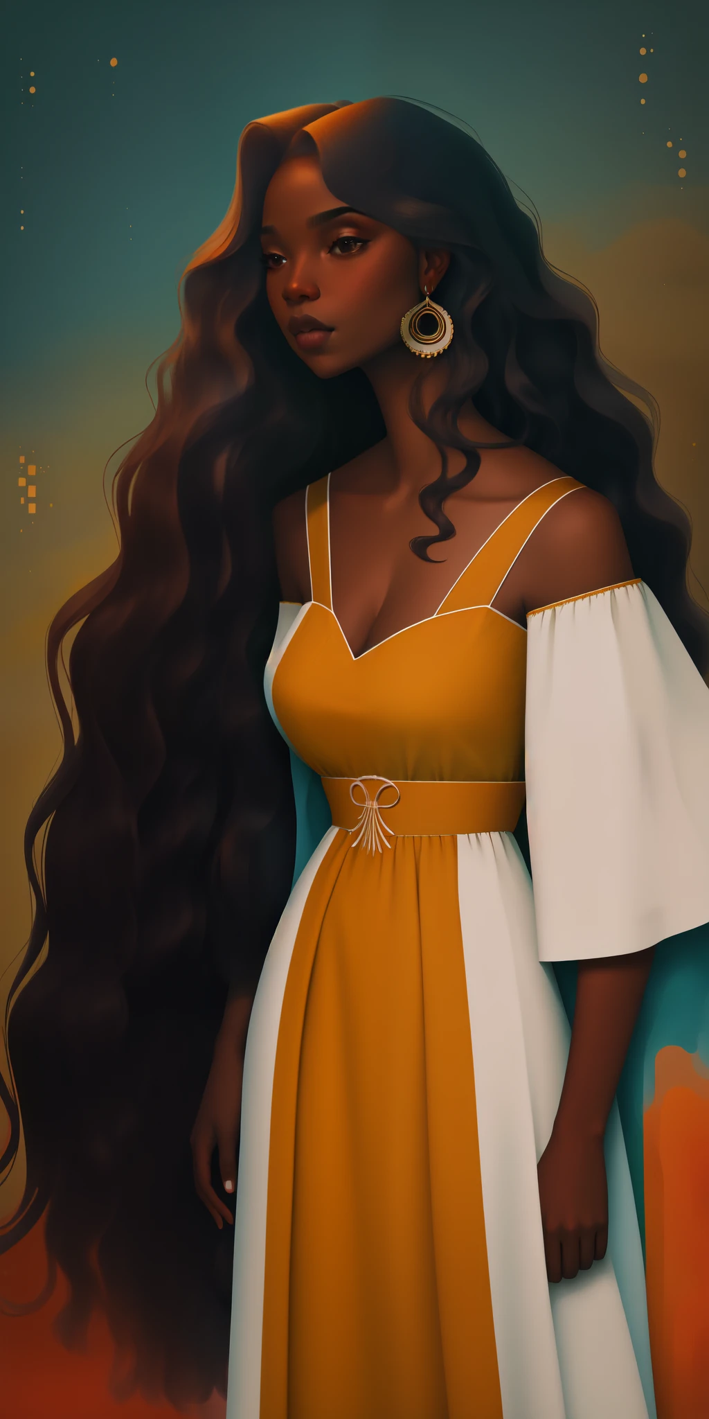 A Congolese black woman with rich dark brown skin, content expression, beautiful, 1woman, intricate detail, long wavy hair, abstract accents in the background