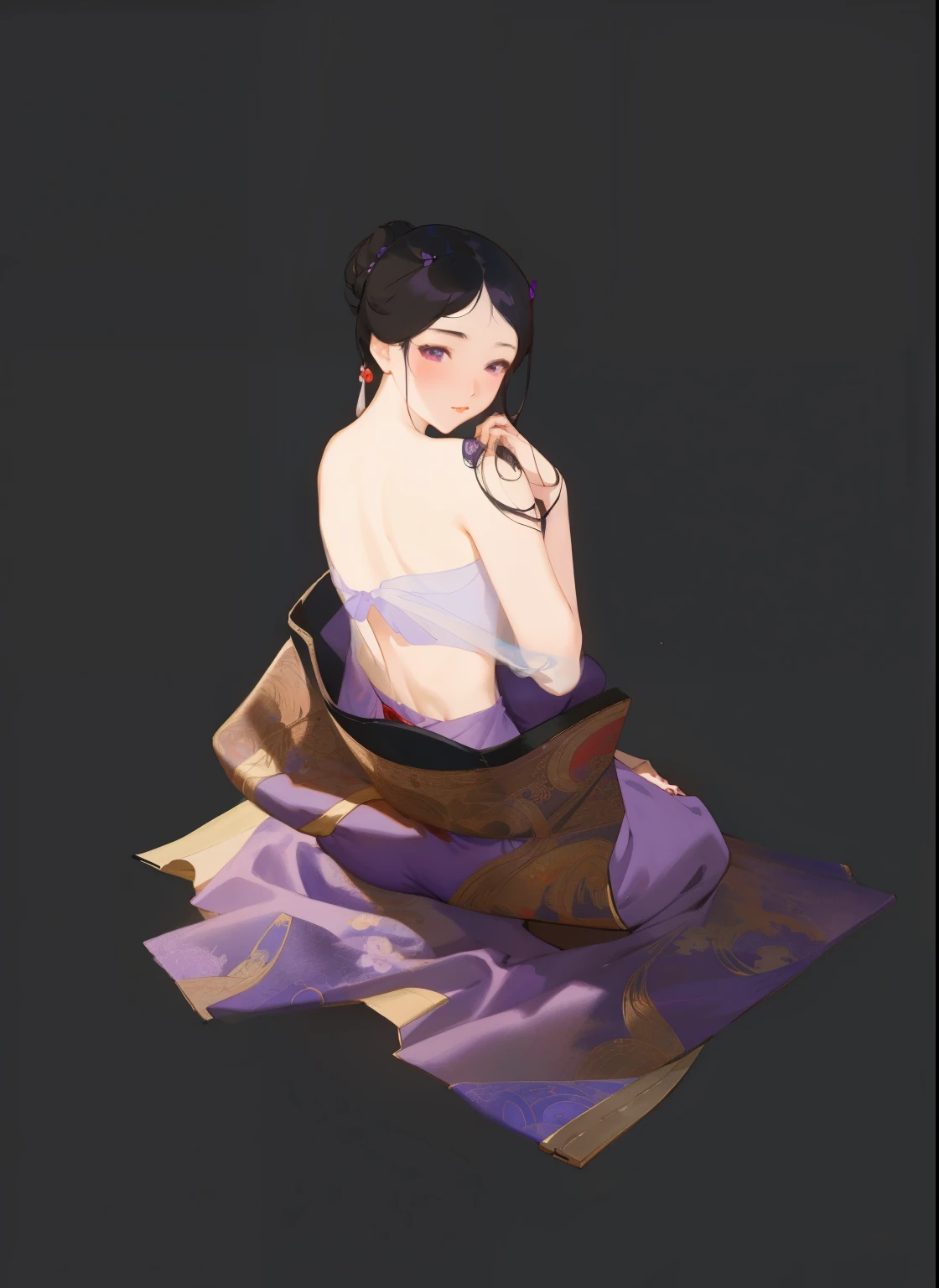 Painting of a woman in a purple dress sitting on a blanket, Inspired by Chen Yifei, elegant numbers艺术, A beautiful artistic illustration, elegant numbers, Beautiful digital illustrations, beautiful figure painting, Chinese girl, Bowater's art style, guweiz style artwork, guweiz, g liulian art style