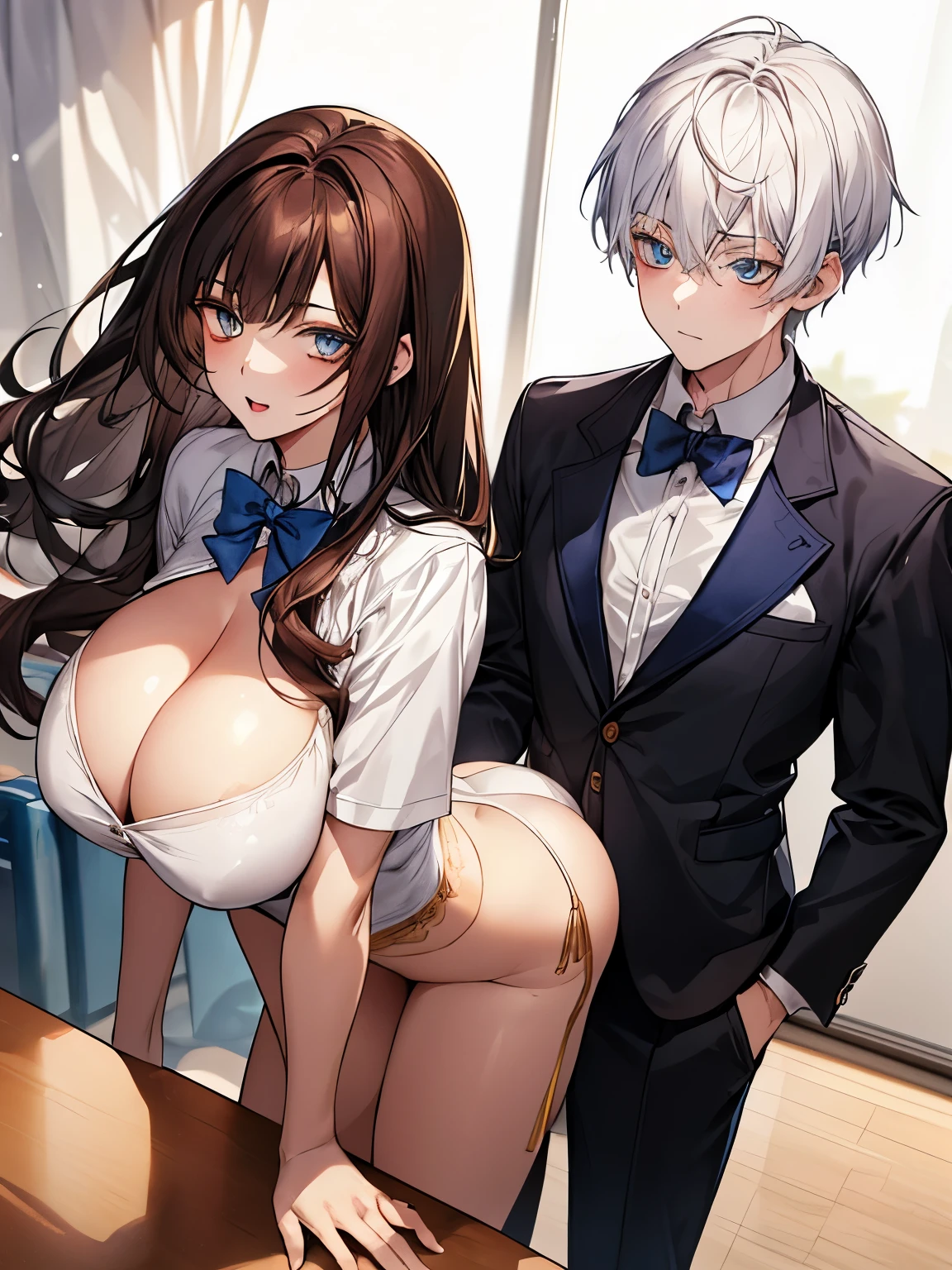 A boy with white hair and blue eyes and a girl with long dark brown hair golden eyes and huge breasts and ass, school uniform, cleavage, modern