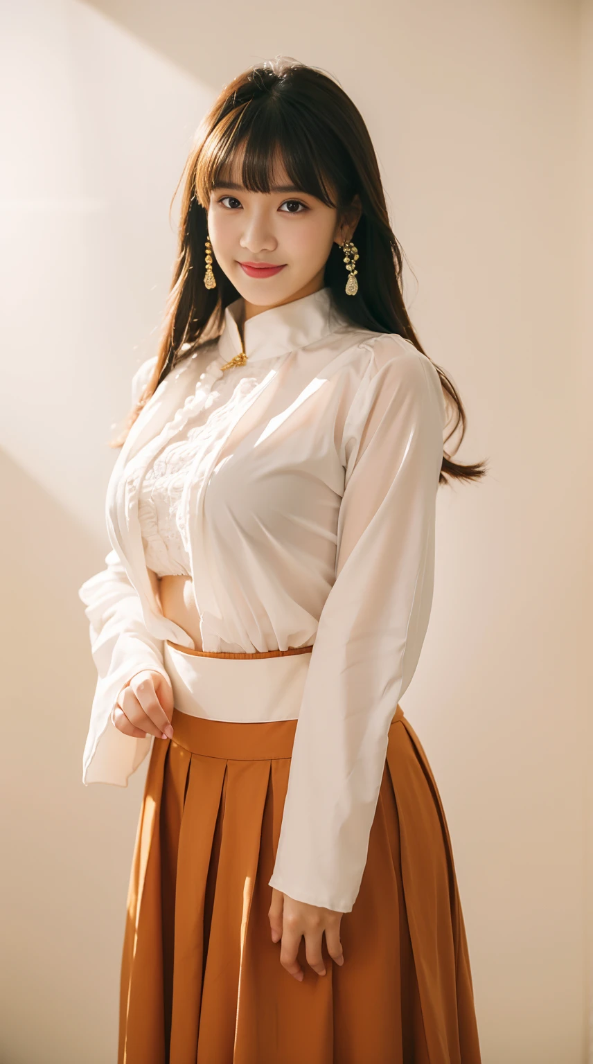 , 1 girl, alone, black hair, nude, jewelry, long hair, looking at the audience, Bangs, earrings, The skirt lifted, White background, Smile, shirt, Rural background, Heart earrings, long sleeves, Heart, black headdress, black shirt, frilled collar, big breasts, brown eyes, collar, blunt Bangs,extreme big breasts, brown skirt, decorate, nail polish, ribbon, rednails, Keep your mouth shut, Animal print, blush, frilled sleeves,Put your hands together,((best quality, 8k, masterpiece: 1.3)), ((1 girl:1.5)), Slim Abs Beauty: 1.3,, (huge tits), The face is super delicate, exquisite eyes, double eyelids, 迷人的Smile, traditional clothing,vietnamese woman,exposed,huge ,best quality, masterpiece, high resolution,1 girl,pretty face,whole body, 超HD, retina, masterpiece, precise, anatomically correct, textured skin, Super details, high detail, high quality, best quality, high resolution, 1080P, HD, 8k,vietnam girl,Extremely huge ,Captivating action,Express,exposed,number,wearing traditional skirt,迷人的Smile