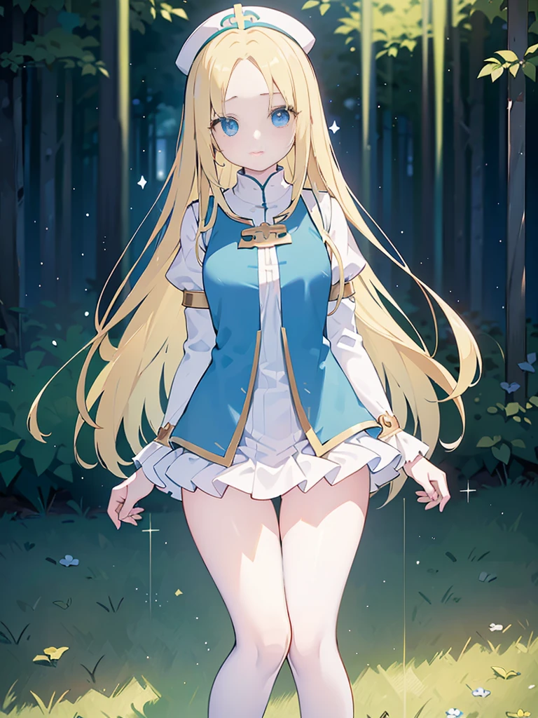 Zaora, blue eyes, (Variegated eyes:0.5), Blonde, Very long hair, Twin Blade, bangs, Ahoge, Hello, Angel, Flat Chest, White Dress, Belly button cutout, Detachable collar, Strapless, Neck ribbon, Bare shoulders, Angel wings, barefoot, One girl, Solo Break Space, forest, Depth of written boundary, Cinematic, masterpiece, Highest quality, Game CG
 