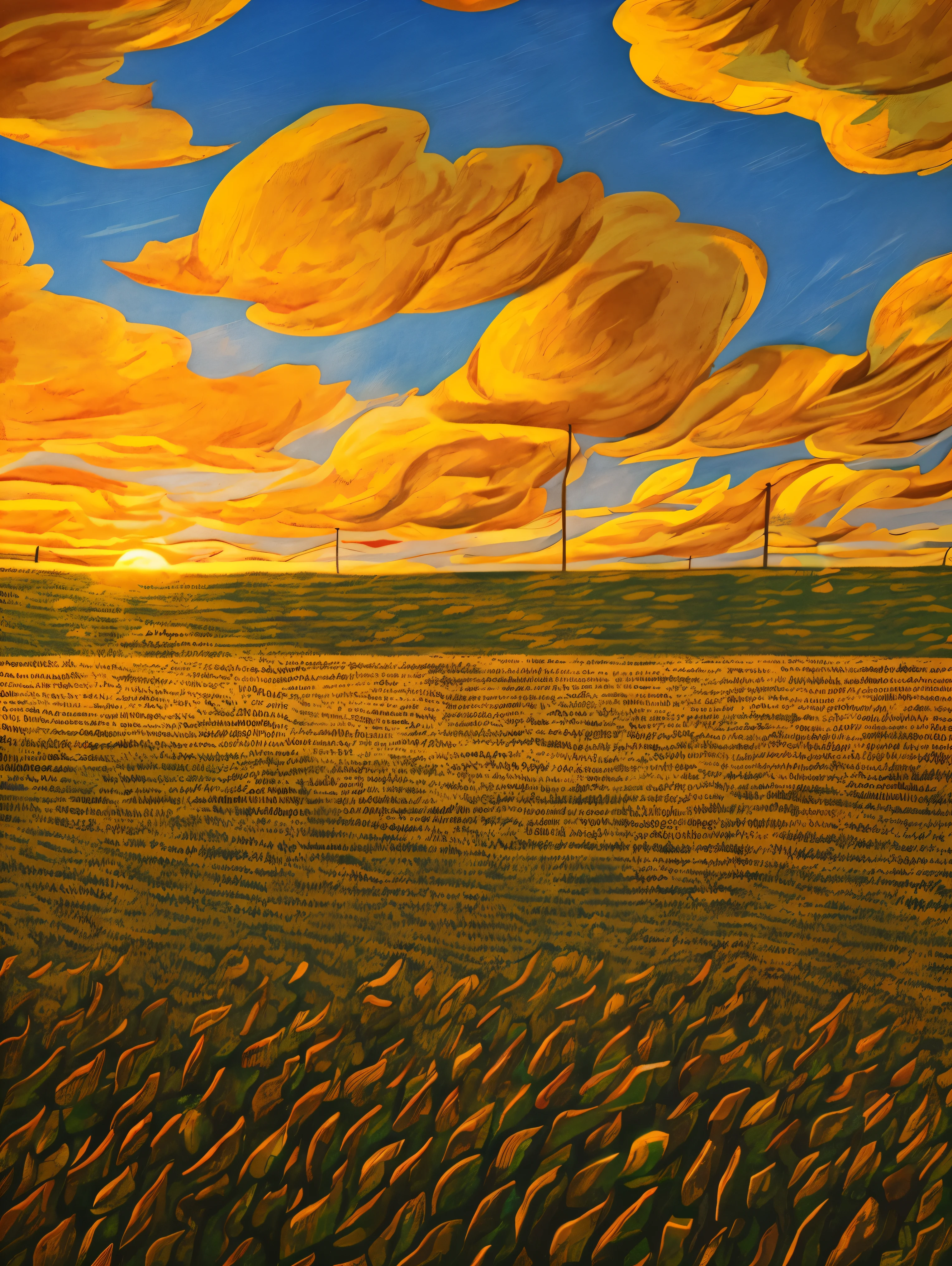 (Digital Painting), (Best Quality), Scenic View, Sorghum Field, (Sorghum: 1.5), Sunset, Sunset, Clouds, Blue Sky, Dust, Dusty, 8k Hyperrealism, Soft Color Scheme, Soft Lighting, Golden Hour, Peaceful Atmosphere, Landscape, van gogh style