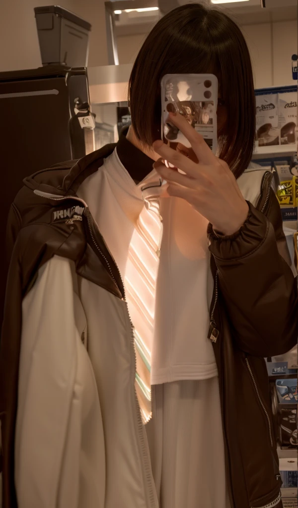 high school girl,young woman,hairstyle(Short length,short hair,Bangs Patsun),short hair,cute,girly,adorable,look forward to,Turn in this direction,See here,accurate and perfect face,Super detailed,realistic,correct anatomy,white parka jacket(Do not wear a hood,Front opening,Don'Do not close the zipper,shirt underneath),big breasts,body whole,whole body,whole body(thin,feminine body),skin that looks real,beautiful skin,realistic textured skin,indoor,soft light,Professional Lite,smile,Pure,soft expression,random pose