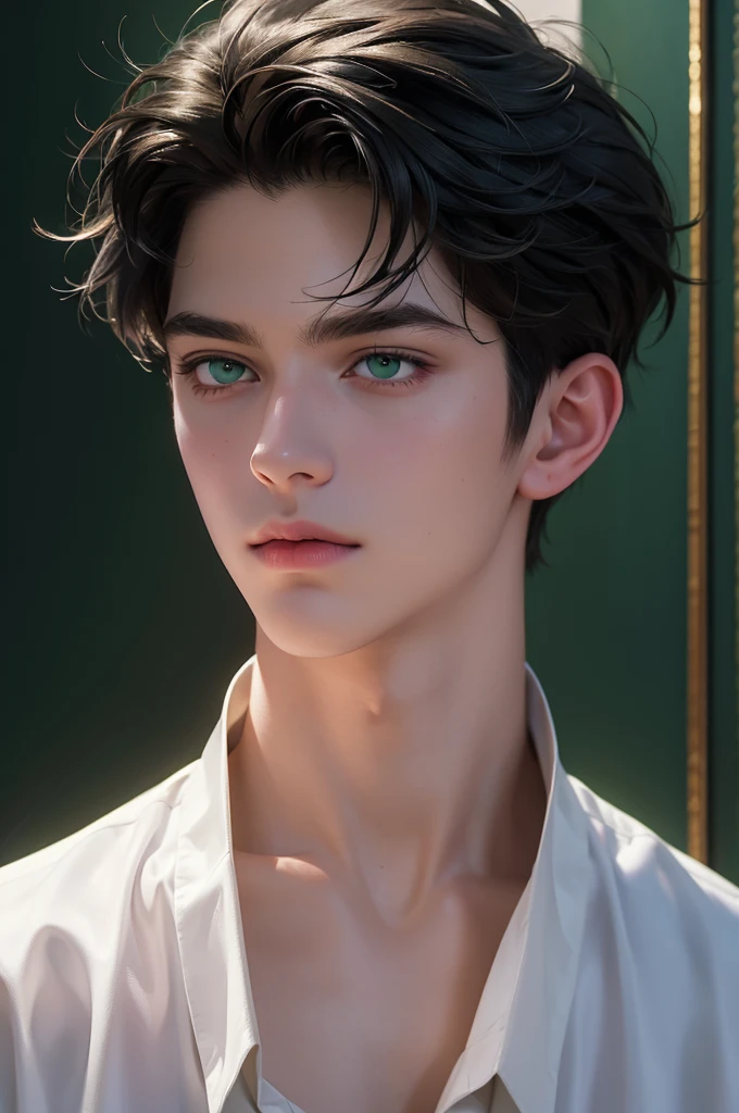(masterpiece: 1.3), (best quality: 1.2), 8k, absurd, (extremely detailed: 1.3), highestres, (1boy: 1.2), portrait,
, shirt, messy black hair, green eyes (very detailed), pale illuminated skin