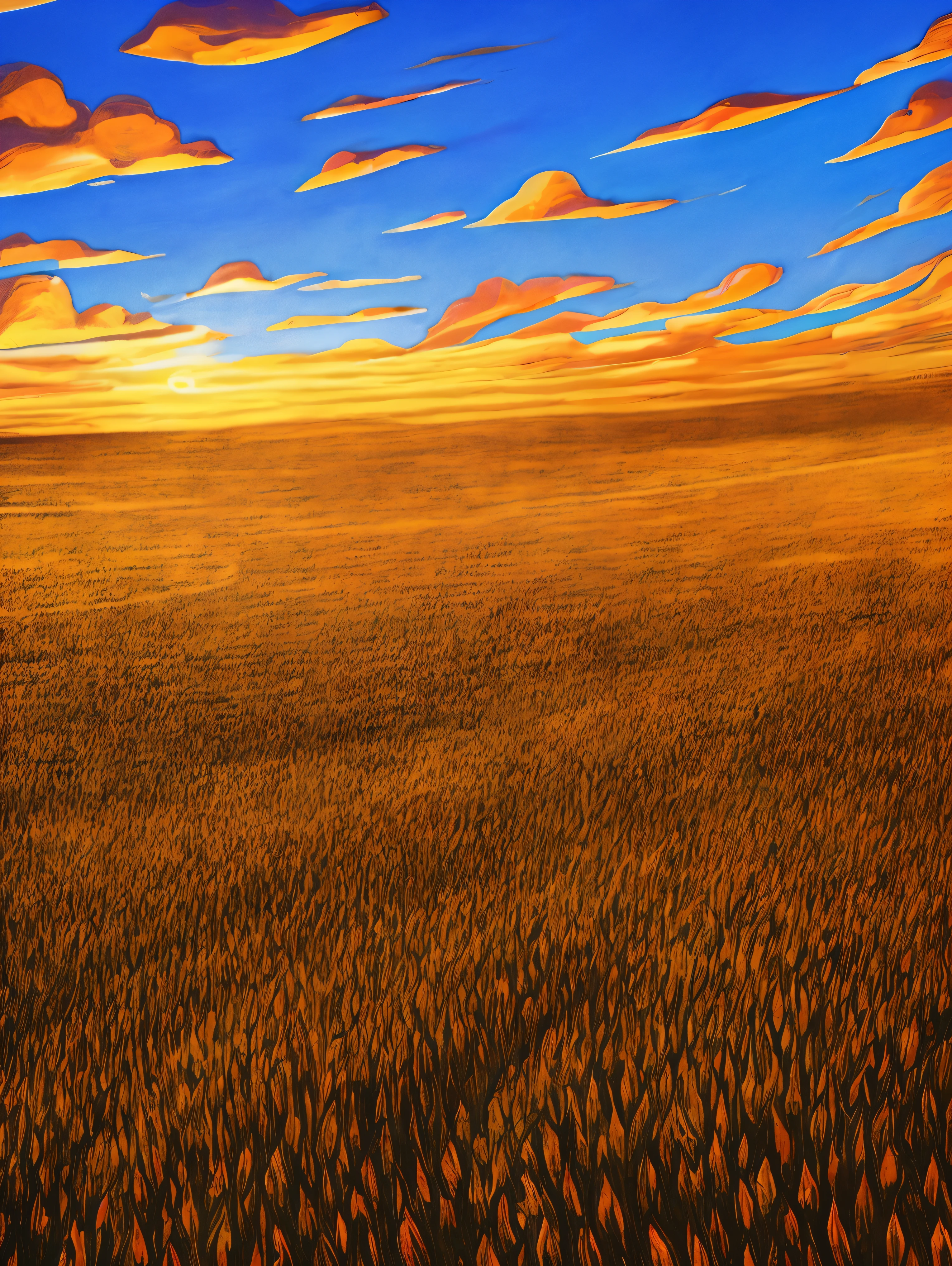 (Digital Painting), (Best Quality), Scenic View, Sorghum Field, (Sorghum: 1.5), Sunset, Sunset, Clouds, Blue Sky, Dust, Dusty, 8k Hyperrealism, Soft Color Scheme, Soft Lighting, Golden Hour, Peaceful Atmosphere, Landscape, van gogh style