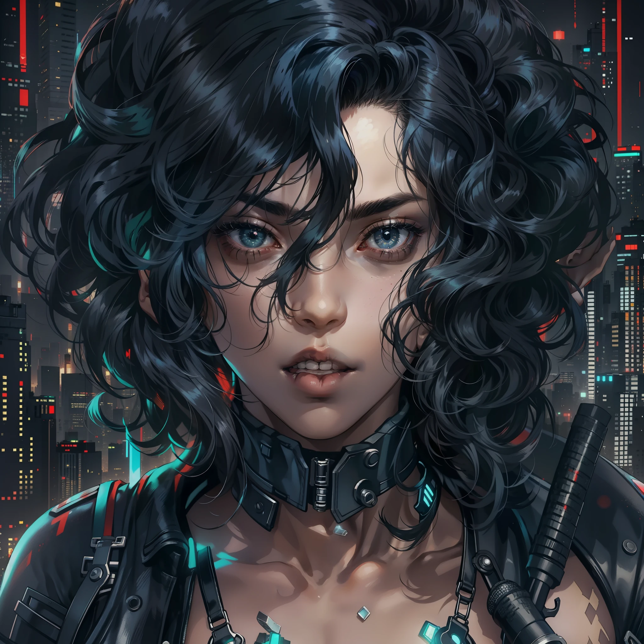 garota magra, branca, black hair curled and shabby, pose muito sensual, Beleza perfeita, Olhos bonitos Glossy Lips, seios muito pequenos aparecendo, mostrando os pequenos seios, cyberpunk
