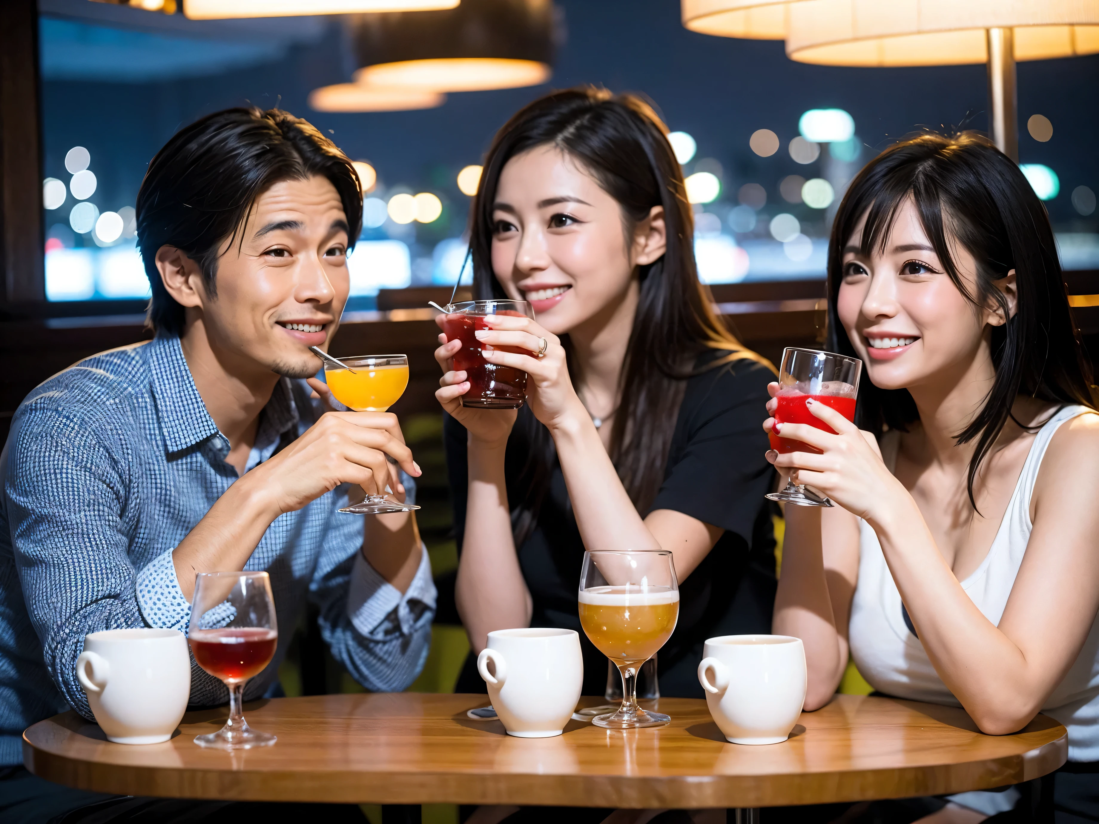 Detailed images that look like they were taken with a high-end camera、party、couple、banquet、Japanese sake、Shochu、hot sake、Japanese sakeファン、I love Japanese sake、because I'thin、Women who drink alcohol、36 years old、38 years old、Colombia、Brazilian、Japanese、Dutch、German、Portuguese、Belgian、chiri、American、french、Spaniard、Italian、Indian、Englishman、Cut your hair short、brown hair、beautiful woman with glasses and cup、Japanese sakeグラスとワイングラスには清酒が入っています.、720m of Japanese sake、1.You can also see the 8L sake bottle...、There is also Choshi、adult woman in her 30s、Have a nice smile while enjoying a drink.、The location is a hotel restaurant..、You can see the beautiful night view of the city outside the window..、The floor is the 1st floor、In the background you can see a man and a woman enjoying alcohol...。