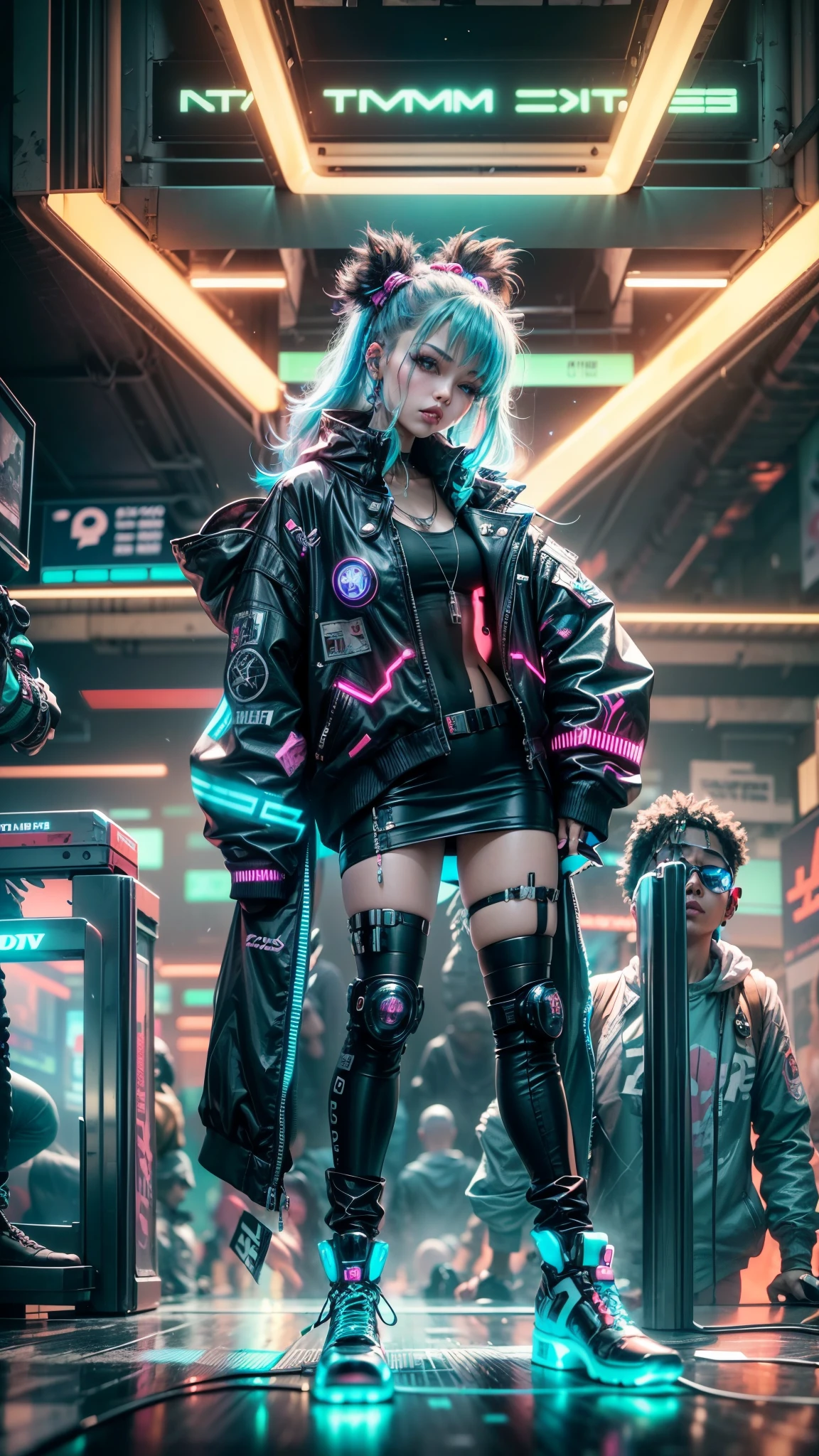 (((cyberpunk world))), Cyberpunk idol performing on a neon-lit stage, Charismatic and energetic, Surrounded by cheering crowds. Futuristic bass adds to the touching atmosphere. Dressed in cutting-edge cyberpunk fashion, Idols stand out under the bright neon lights of evening concerts. 🔥 cyberpunk worldの色を生き生きとさせましょう.