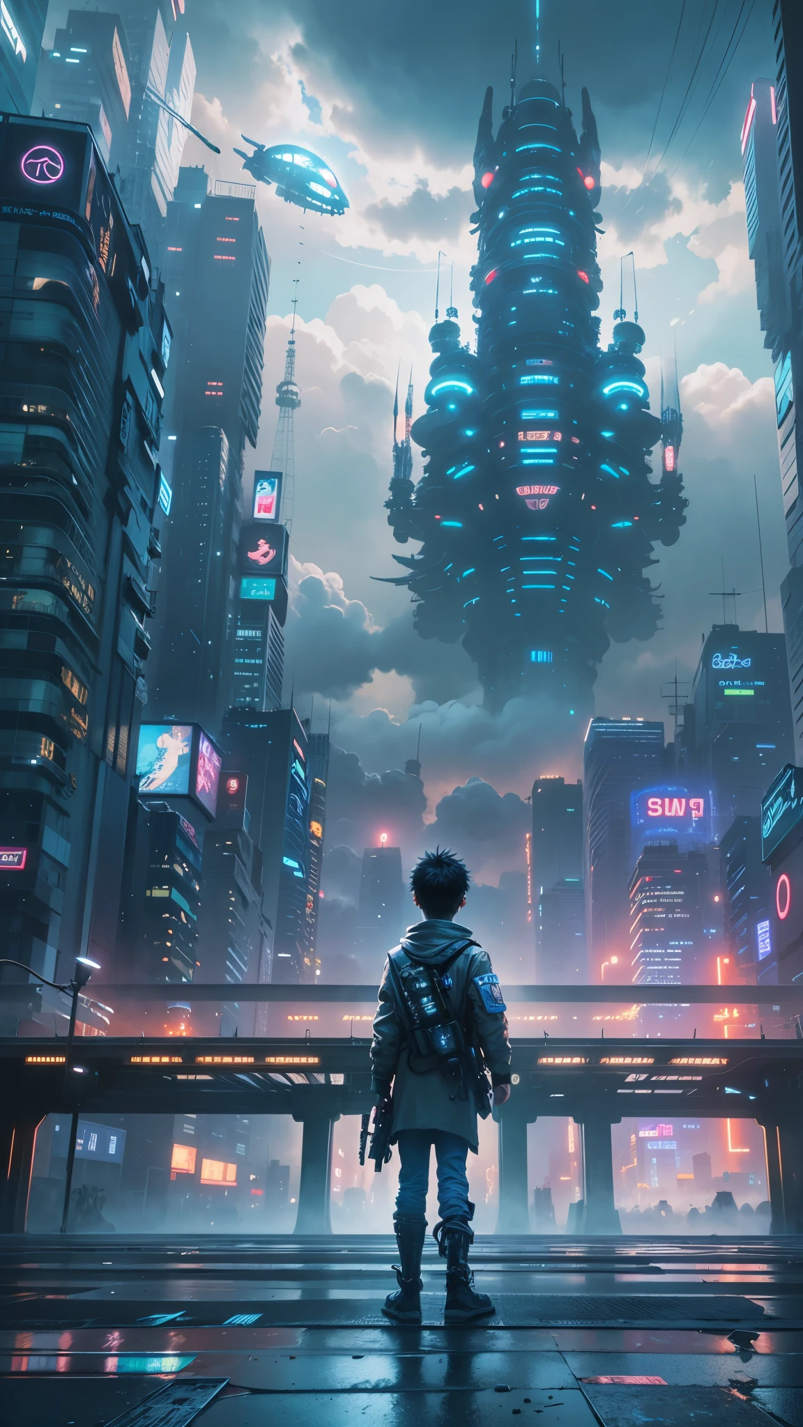 1 boy,a 13 yo boy、Cyberpunk Boy、Katana,machine gun、Whole body bloody、The beginning of the adventure、Lots of clouds,thick fog、starry sky、moon,Chaotic city of the future、movie dystopia、(Giant airship:1.5)、A group of very tall skyscrapers stands in the center、Very complex cityscape,Crowded Chinese skyscrapers、road signs、street light、taxi、bus、train、Blue lighting,Dark road、puddle、Chaotic、Beautiful and fantastic scenery、Cinematic scenery、high quality、table top,In 8K、High resolution、