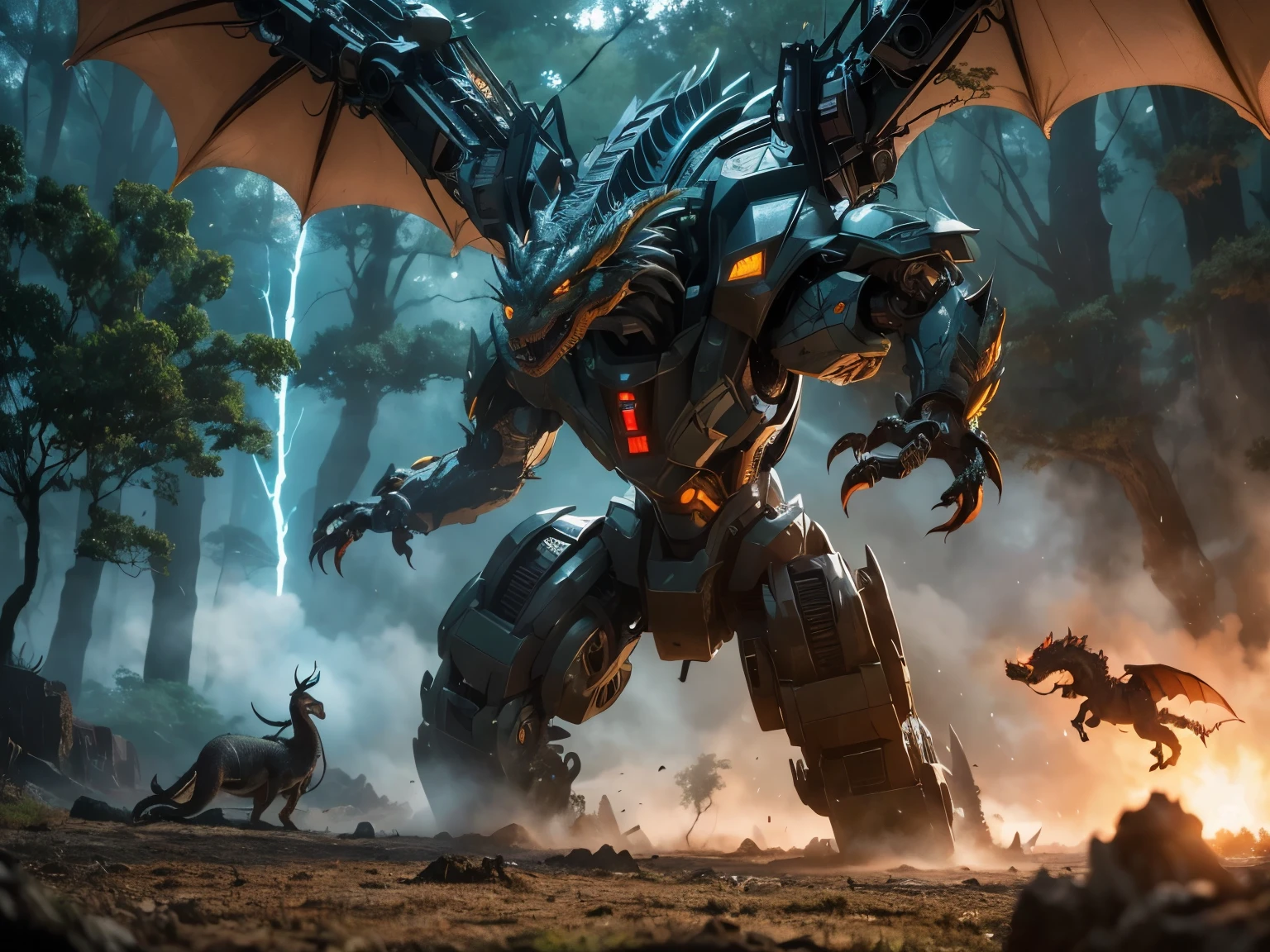 The battle takes place in a vast, ancient forest.
The prehistoric Robot Dragon, while the futuristic Robot dragon fires lasers from its eyes.
The prehistoric dragon is larger and stronger, but the futuristic Robot dragon is faster and more agile. (Realistic, cinematic, 8k detail)