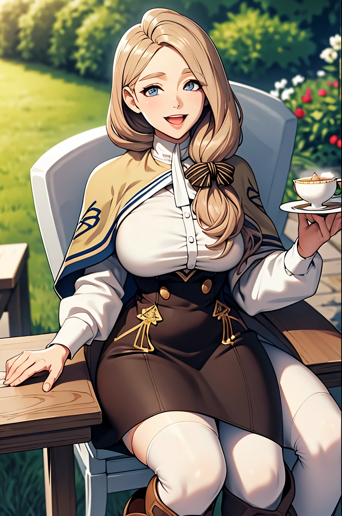 masterpiece, best quality, defMercedes, capelet, hair bow, white shirt, large breasts, brown boots, sitting, table, across table, garden, chair, tea party, cake, smile, happy, looking at viewer, open mouth 