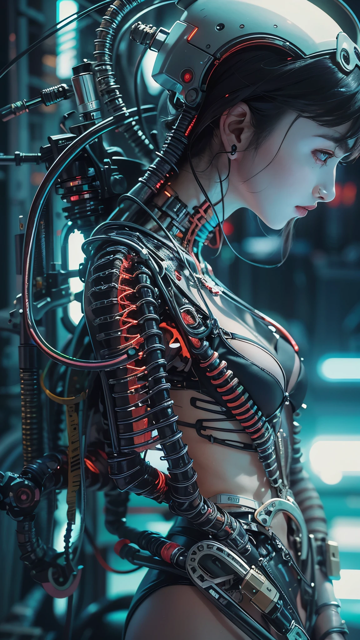 highest quality, masterpiece, ultra high resolution, ((realistic: 1.4), RAW photo, 1 Cyberpunk Girl, Glossy skin, 1 Mechanical Girl, (Ultra realistic details)), mechanical limbs, Tubes connected to mechanical parts, mechanical vertebrae attached to the spine, Mechanical cervical spine attachment to the neck, Wires and cables connecting to the head, Evangelion, ((ghost in the shell)), Small glowing LED lamp, global lighting, deep shadow, octane rendering, 8K, super sharp, Metal, intricate decorative details, baroque details, very intricate details, realistic light, CG Society Trend, towards the camera, neon details, (android factory in the background), Art by H.R. Giger and Alphonse Mucha.