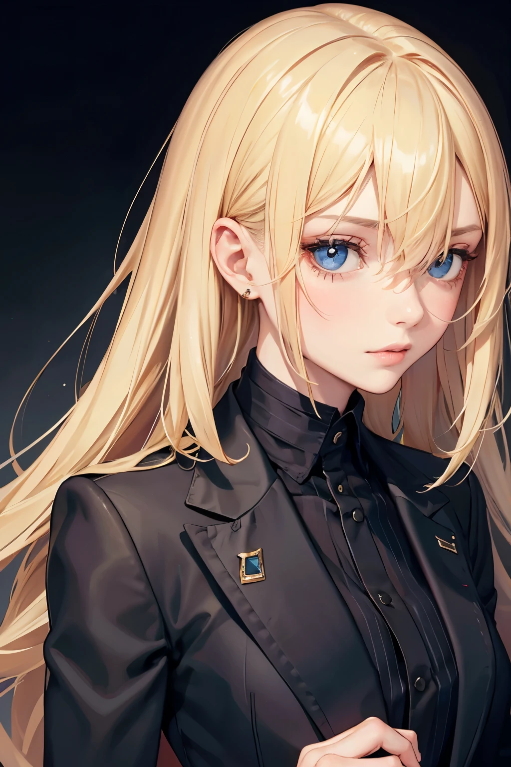 portrait of european girl,solo,20yo,beautiful face,uppser body,hair over one eye,medium sidecut, blonde hair, sharp focus,black business suit