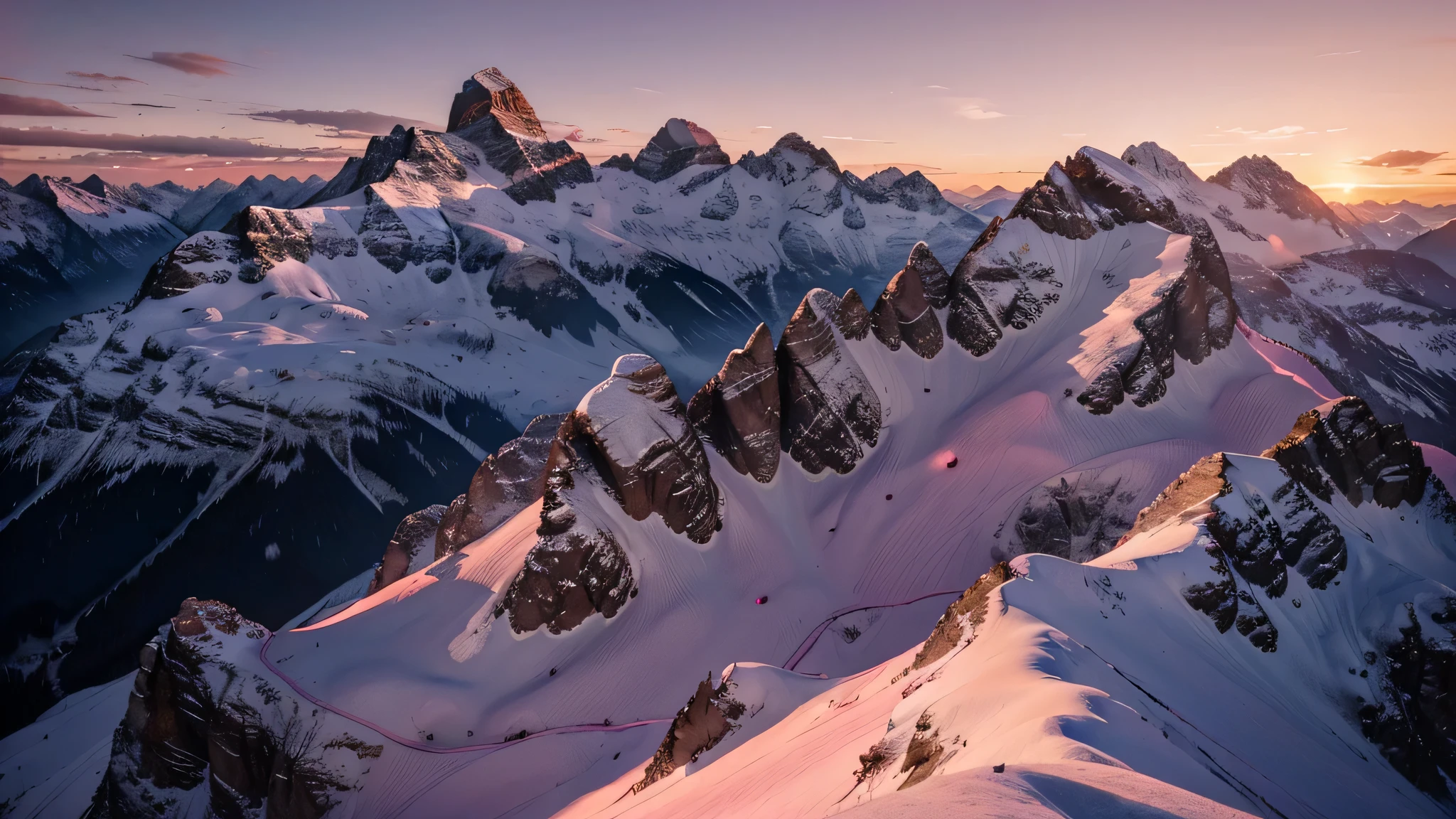 8k, raw mountains of the swiss alps with pink hue in the sky and sunset, with low and high peaks