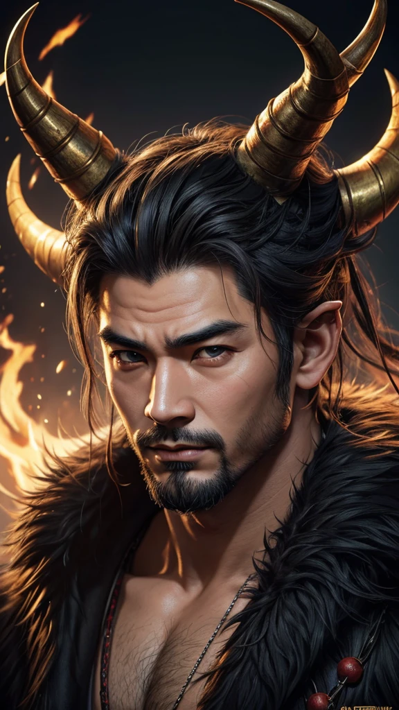 oriental、man with horns on his head、game poster、masterpiece、super resolution、(realistic:1.4)、solo、man in fur、No background、