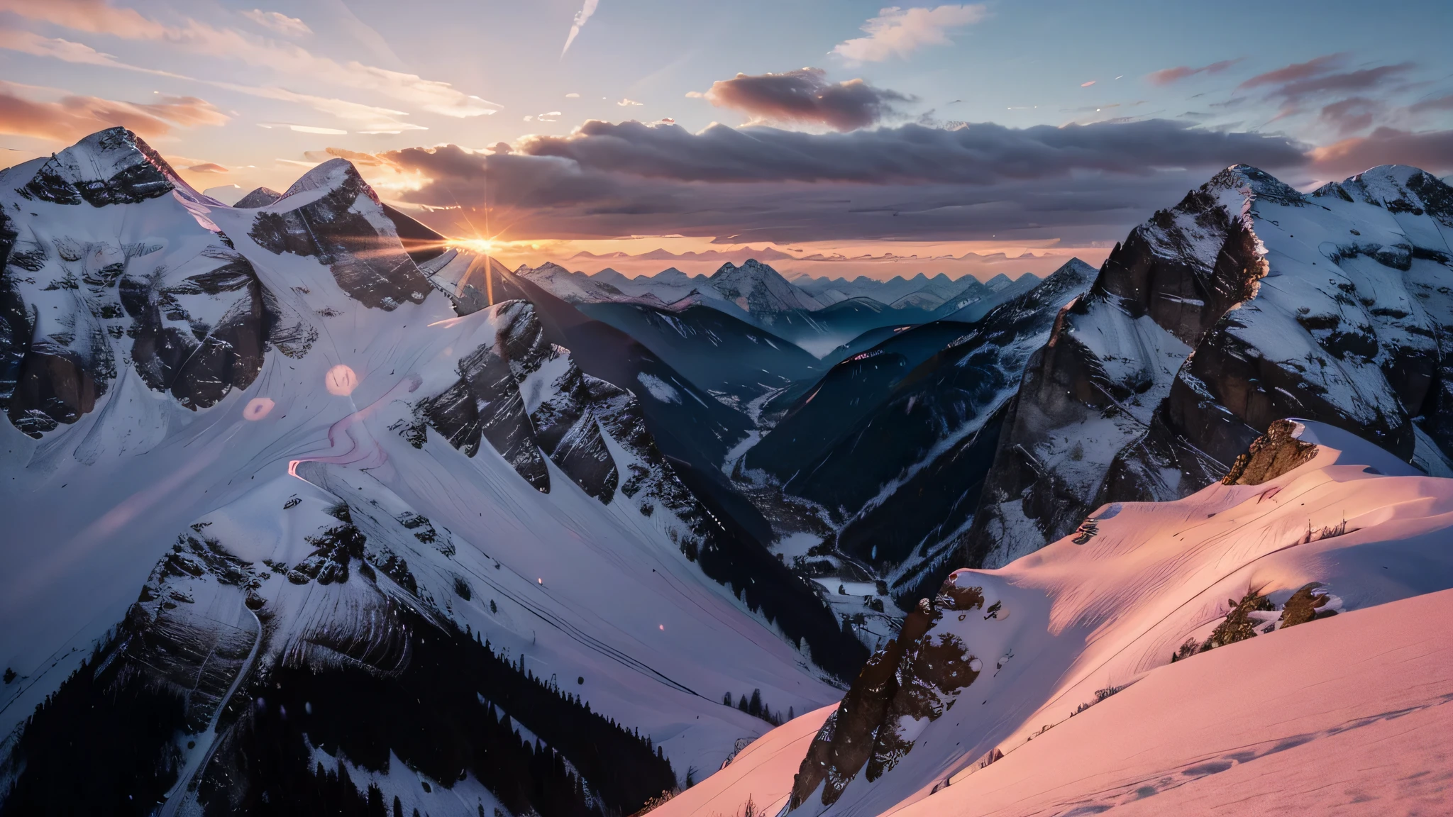 8k, raw mountains of the swiss alps with pink hue in the sky and sunset, with low and high peaks
