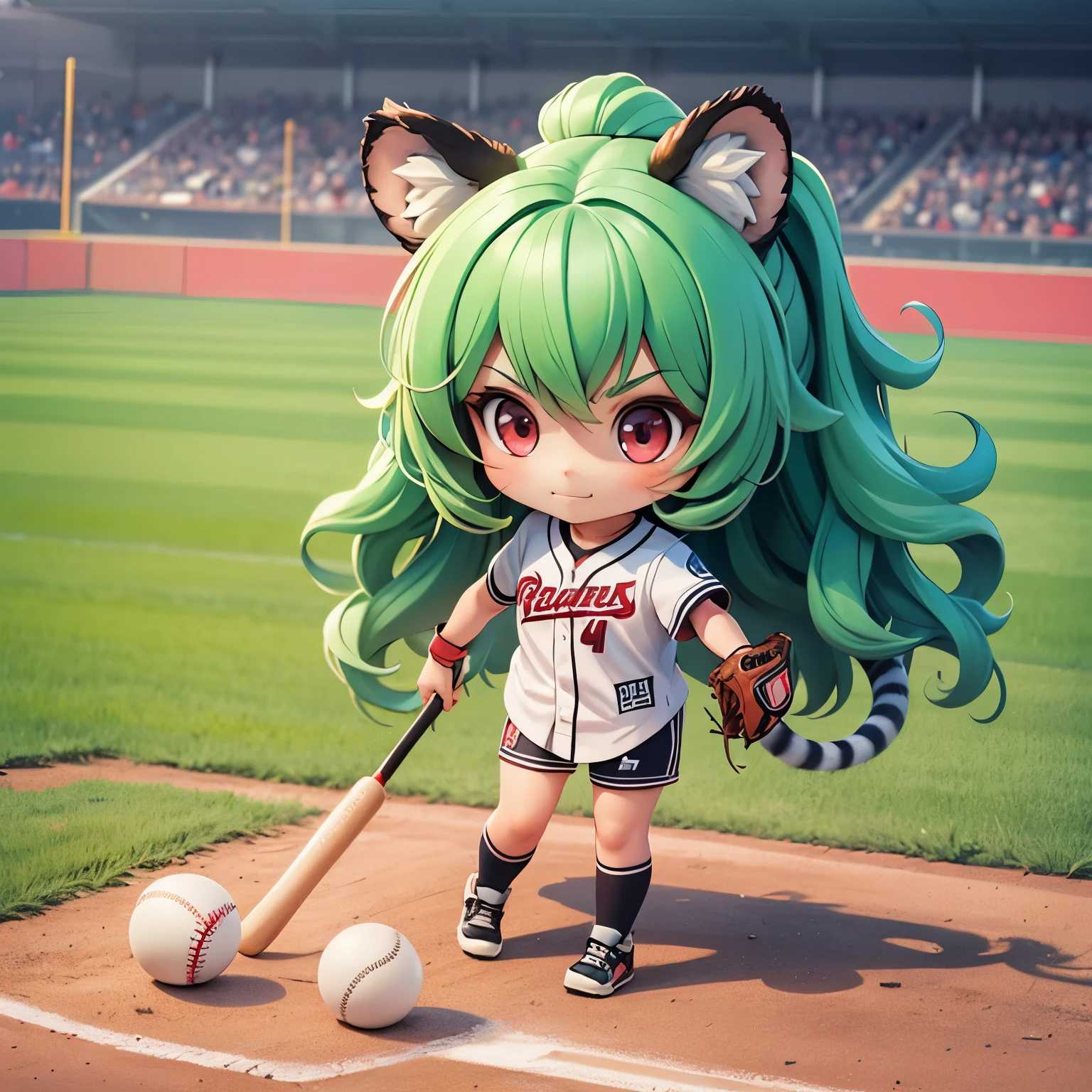 ((chibi:1.5)), (masterpiece), (best quality), high resolution, ultra detail, photorealistic, 8K
BREAK
1 girl, solo, (long wavy hair, green hair, big red eyes, tiger ears, tiger tail)
BREAK
female baseball player, baseball uniform, white shirt, batting, hitting, hit a home run, serious, baseball Ground