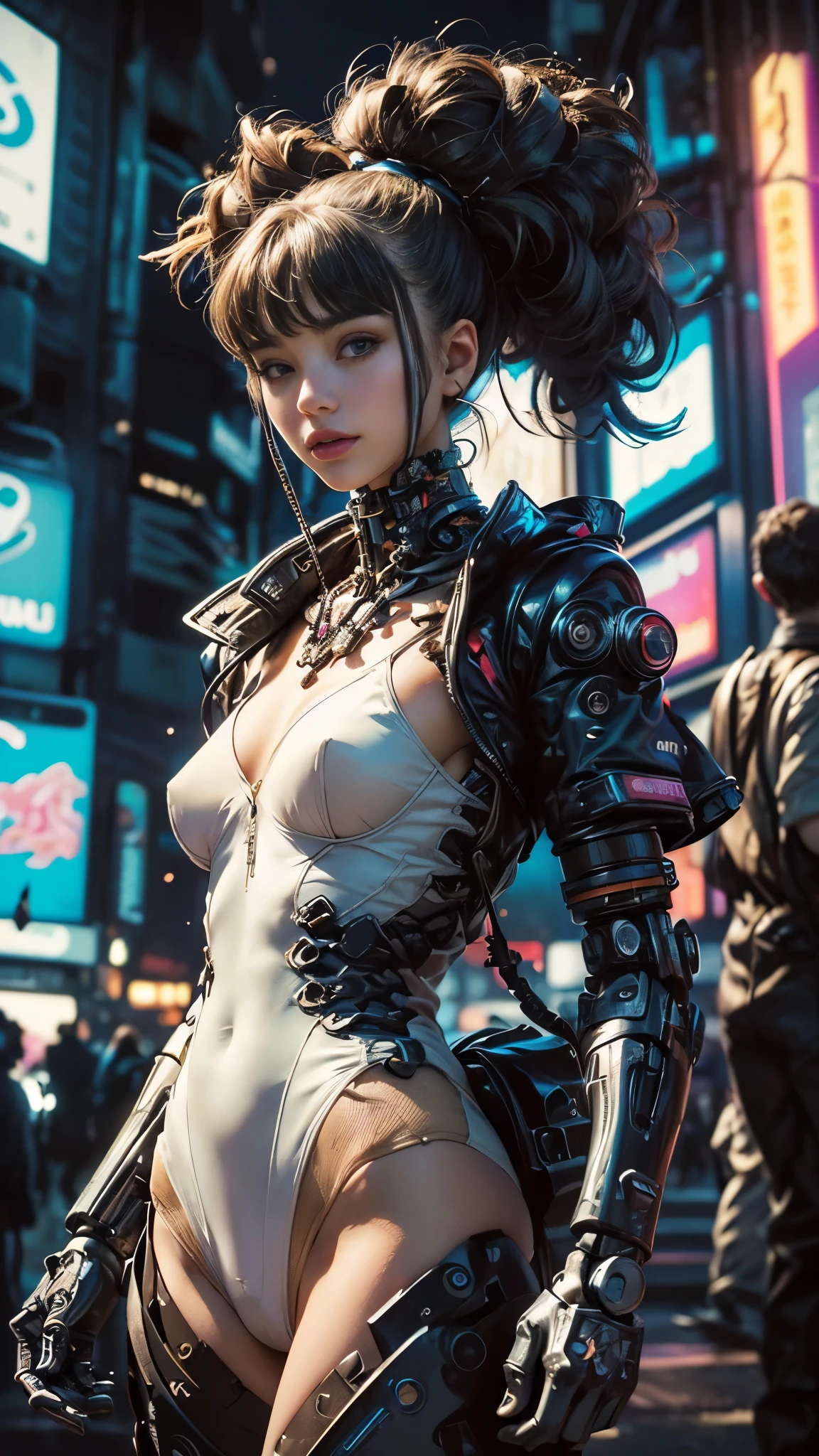 ((masterpieceアニメイラスト)), ((Very delicate and beautiful cybernetic girl)), ((very detailed顔)), ((mechanical limbs, mechanical vertebra)), ((cervical vertebrae mechanically attached to the neck)), (wires and cables connected to the neck:1.2), ((The mass of wires and cables on the head)), ((wearing colorful Harajuku tech jacket with logo)), (dynamic pose), ((cowboy shot)), (masterpiece), (((highest quality))), ((super detailed)), (very detailedフォトリアリスティックなCGイラスト), cinematic lighting, SF, very detailed,colorful,best detail, (((cyberpunk city background, (blade runner), Harajuku area))), NSFW
