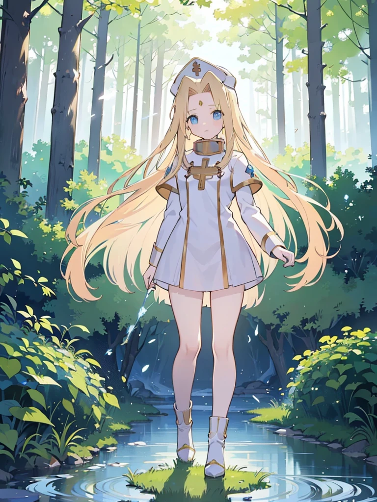 ((Mint Adnade from Tales of phantasia)), 1girl, solo, a priest, 18yo, blond long hair, ((straight hair)), deep blue eyes, Raising bangs, ((Forehead)), large tits, ((blue hat)), ((blue long vestment)), 魔法の杖, full body shot, she is spelling Healing magic, ((at forest)), masutepiece, Best Quality, (the Extremely Detailed CG Unity 8K Wallpapers), (Best Quality), (Best Illustrations), (Best Shadows), (((Particle effect))), Isometric 3D, Octane Rendering, super detailed,