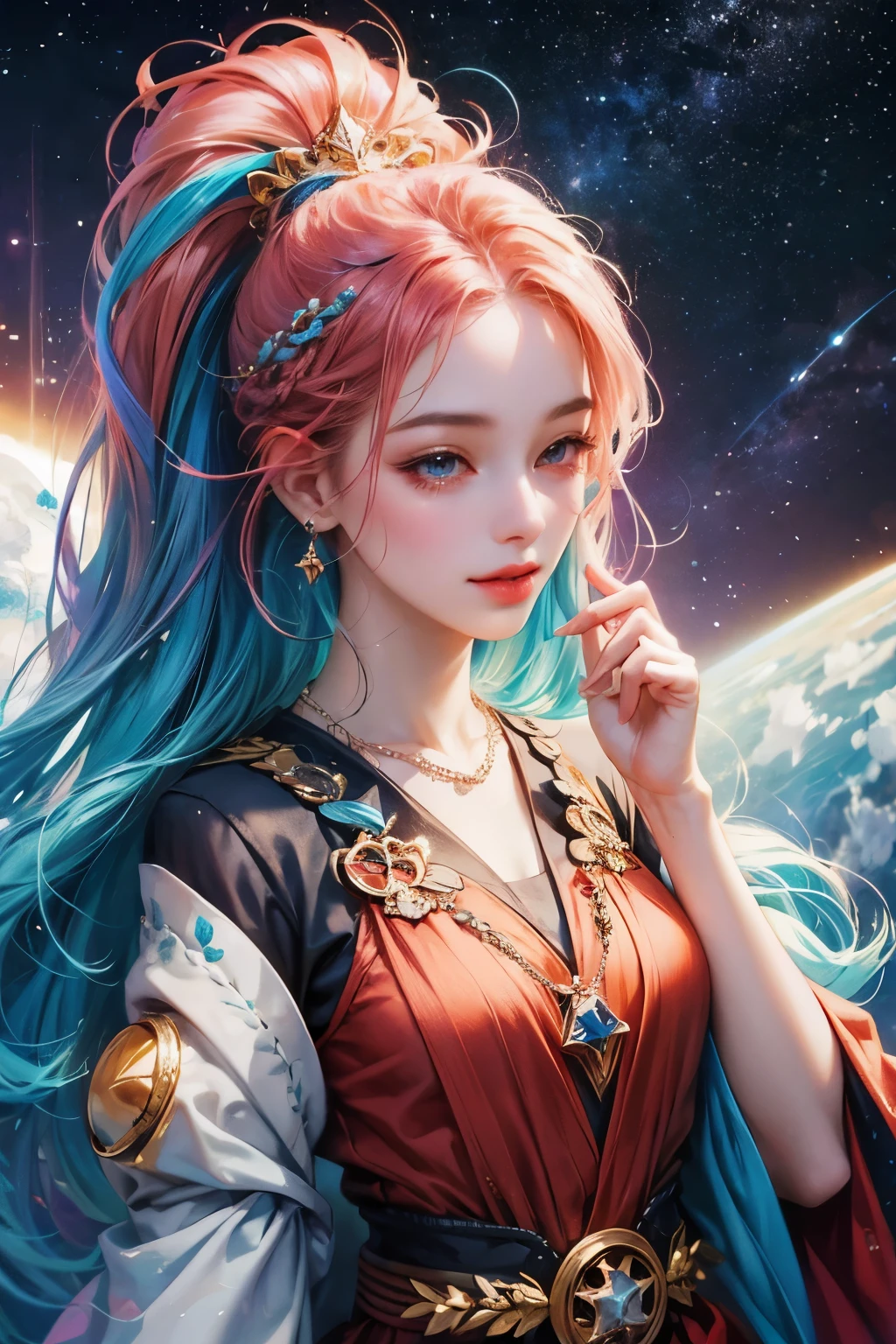 Close-up of a woman with colorful hair and necklace, anime girl with space hair, Rossdraws soft vibrancy, Art in the Gviz style, fantasy art style, colorful], vibrant fantasy style, A vibrant Ross cartoon, cosmic and colorful, Gweiz, colorful digital fantasy art, impressive art style, Nice anime style, shiny hair、Angel、wing、smile、front、lots of hearts in the background