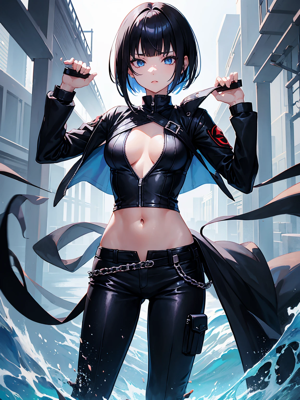 1 anime girl, blunt bangs hair, black hair, short hair, assasin, holding karambit, emotionless, blue eyes, lips, full body, sleevelesss top, navel exposed, black jacket, open clothes, long pants