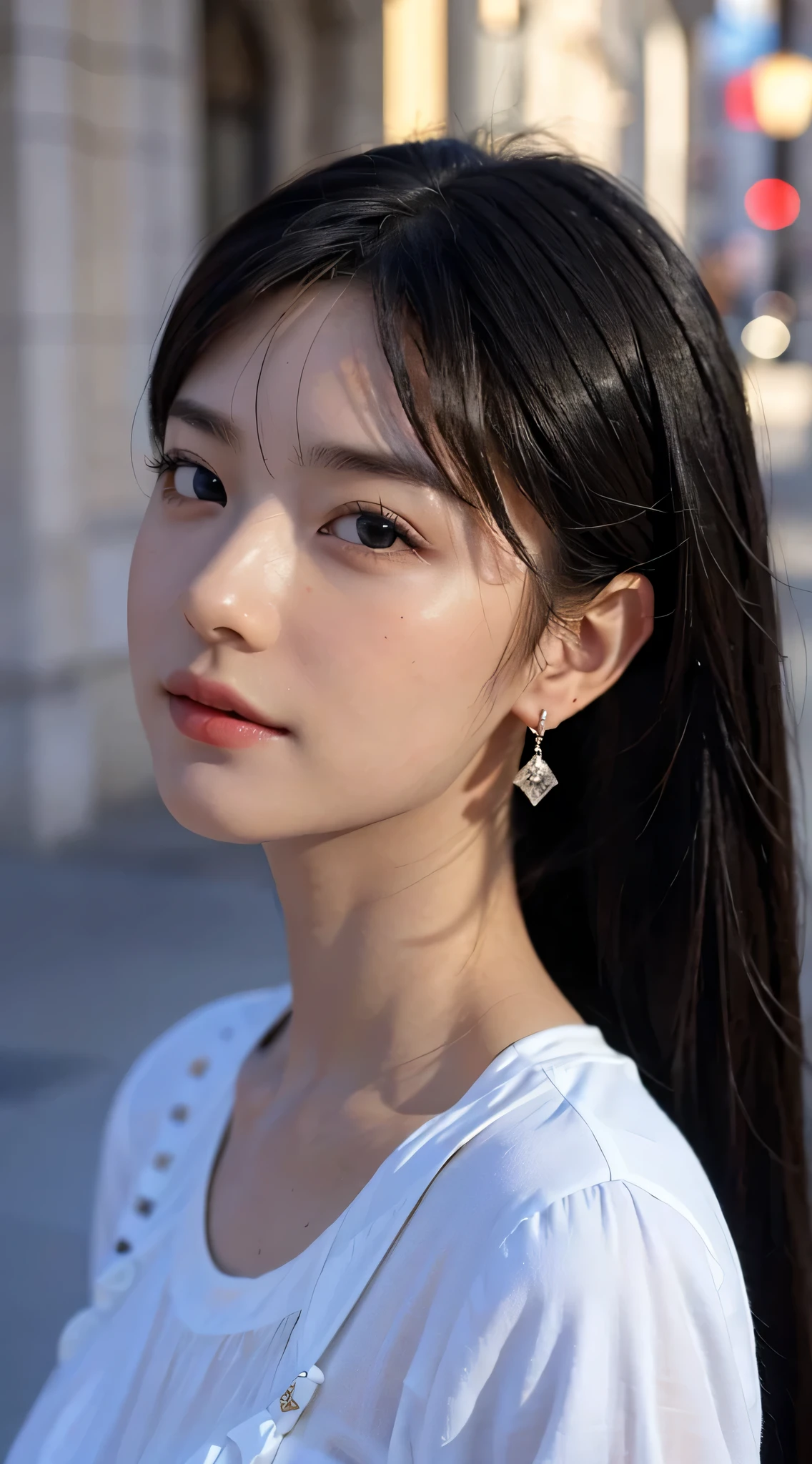 full body photo,table top, best image quality, high quality, background is clear,Beautiful woman, Japanese, be familiar with, be familiar with eyes, be familiar with skin, beautiful skin, 超High resolution, (reality: 1.4),very beautiful woman, A little young face, beautiful skin, thin, (ultra photorealisticim), (High resolution), (8K), (非常にbe familiar with) (beautiful detailed eyes), (超be familiar with), (be familiar with face), view viewer, small details, be familiar with face, smile, look straight ahead, look straight ahead, reality的な写真, bright lighting, professional lighting, black hair, ,ponytail,baby face,,髪型はponytail,wear a ribbon,ロングのponytailの髪型,Angle from the waist up,Stand and pose,wear earrings,Streets of Europe,In front of the cathedral,ponytailの髪型