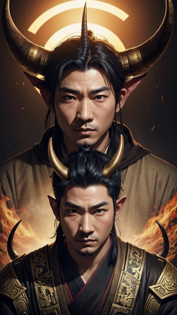 oriental、man with two horns on his head、game poster、masterpiece、super resolution、(realistic:1.4)、solo、No background、