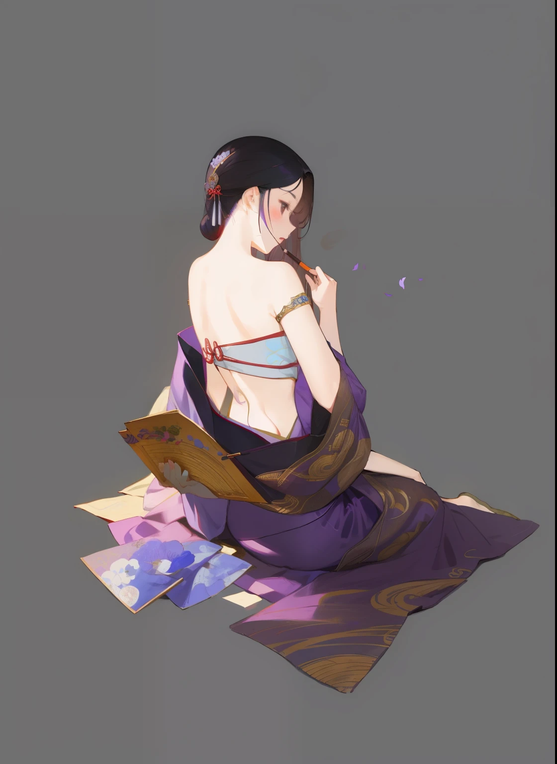 Painting of a woman in a purple dress sitting on a blanket, A beautiful artistic illustration, Inspired by Chen Yifei, elegant numbers艺术, beautiful figure painting, by Qiu Ying, Chinese girl, elegant numbers, Beautiful digital illustrations, author：Zhu Lian, Inspired by Yoon Doo-ri, chinese woman, author：Lu Guang, beautiful oriental woman