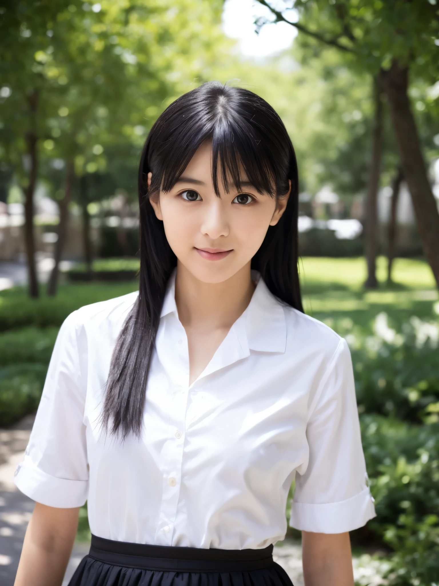 (High reality photograph, high resolusion, detailed face, detailed eyes) Japanese lady, 30 years old, cute face, skinny figure, very skinny waist, black hair, alone in a photo, white shirt, black skirt