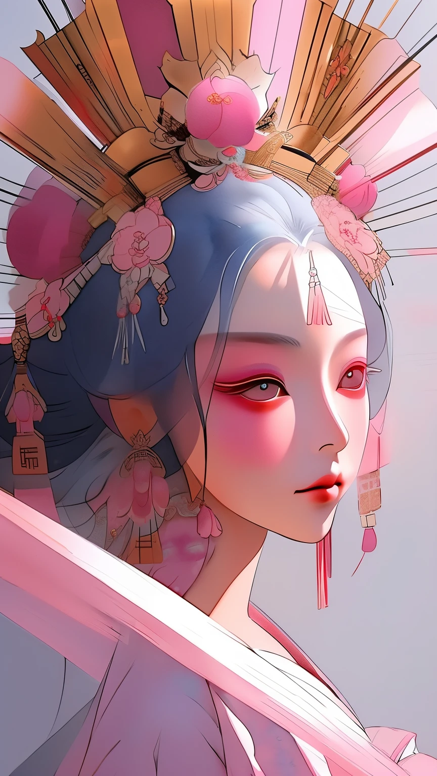 masterpiece，close up，Chinese classical style，Antique beauty，Ink smudge，watercolor smudge，Exquisite makeup，modeling，Gorgeous headdress，Pink Hanfu，hanfu，Chinese costumes，全身close up，station，Big pink peonies，Pink and powder blue，The collision of two colors，Exquisite details，studio lighting，Light and shadow rendering，HD，Super gorgeous details，