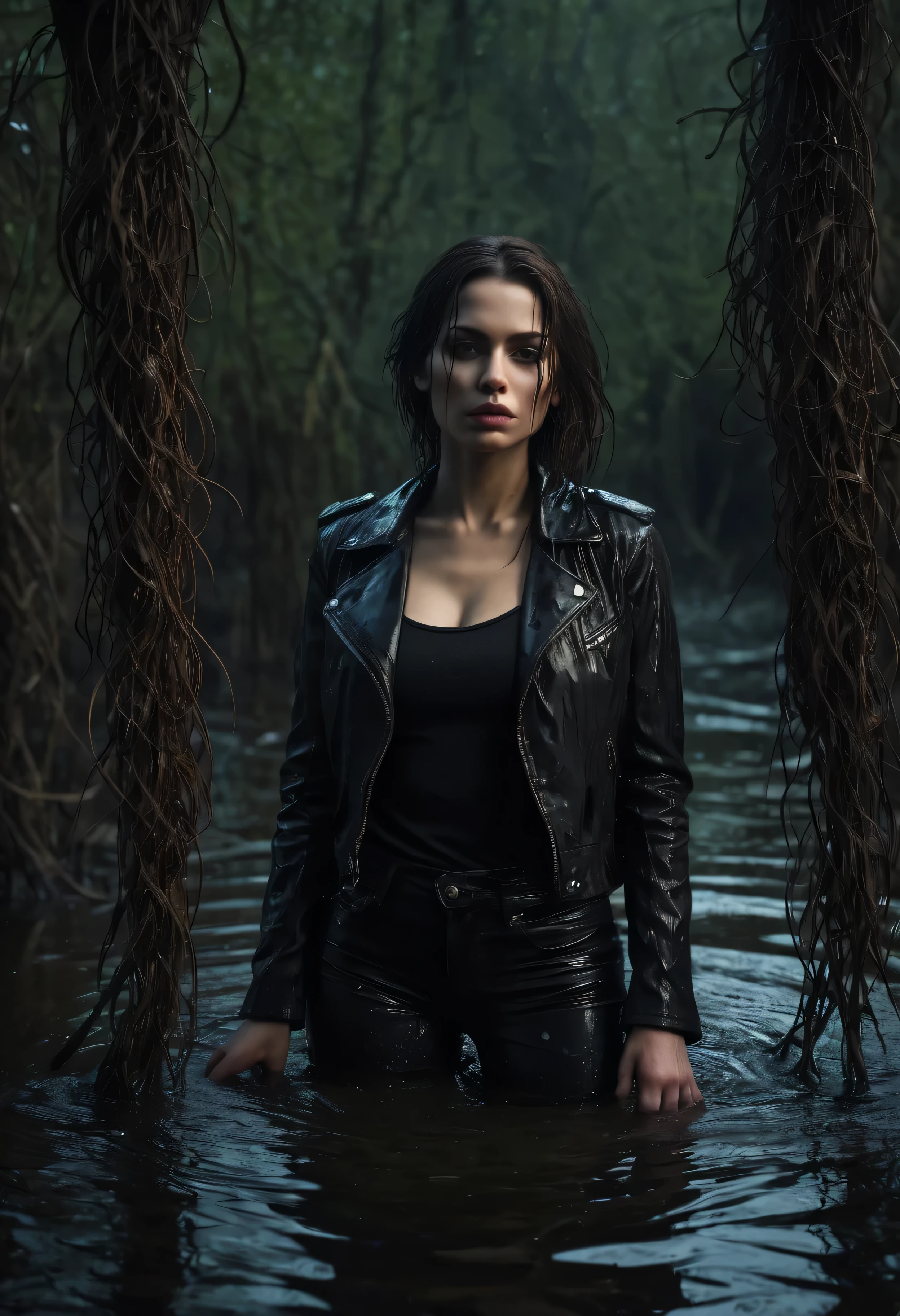 (a woman in a leather jacket:1.1), swamp, (drowns:1.1), (fetishistic:1.1), (sexual perversions:1.1), (dark, eerie:1.1) atmosphere, (sinister, mysterious:1.1) lighting, (emotional, intense:1.1), (surreal:1.1) scene, (detailed:1.1) reflection, wet leather, (twisted, distorted:1.1) body posture, (expressive, evocative:1.1) facial expression, murky water, (sinuous, tangled:1.1) vines, (sense of danger:1.1), (unusual, unconventional:1.1) composition