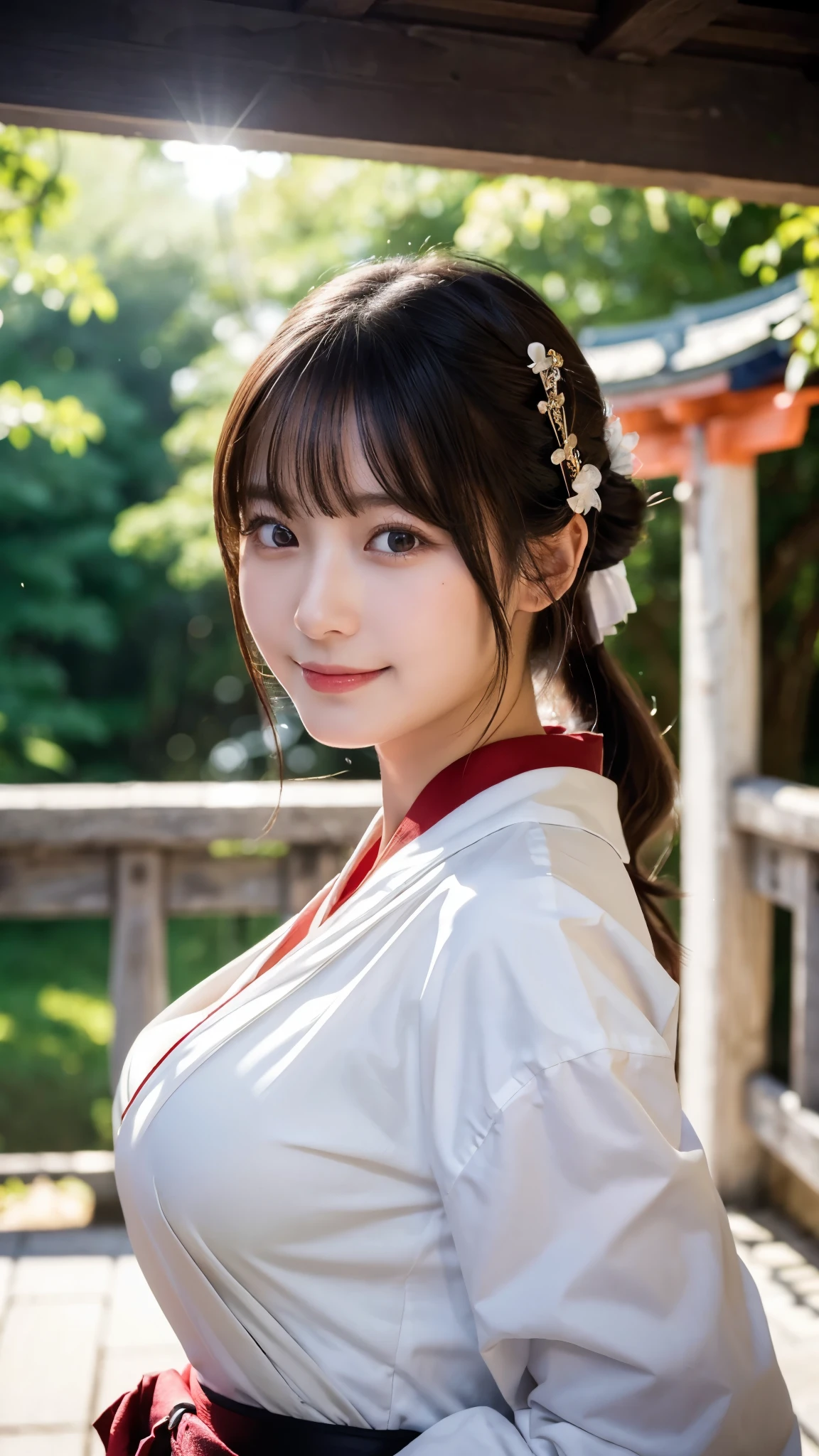 (highest quality,8K quality,masterpiece:1.3),(ultra high resolution,photorealistic:1.4,Live shooting),(Super detailed,caustics),(ultra-realistic capture,Beautifully detailed skin),(shrine),(torii)、(white and red shrine maiden costume),18-year-old,Japanese,cute,black long hair,Low ponytail,Smiling and looking at the camera,big boobs,bust up shot,Low - Angle,soft light,A ray of light shines on a girl,Natural light,