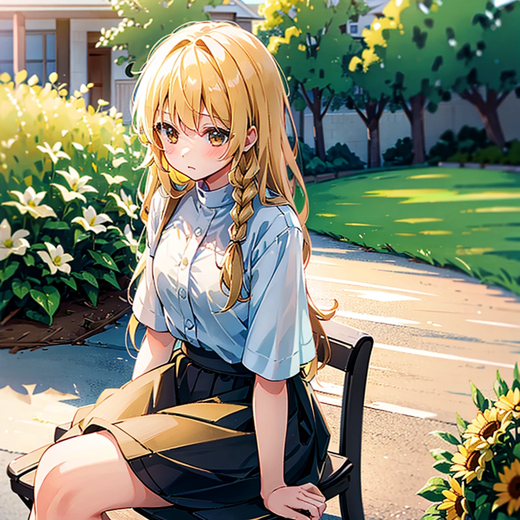 A girl sitting on a park bench，Wearing a light yellow shirt on the upper body，Wearing a brown short skirt，blond，There is a braid on the left side of the head，blush，not wearing a hat，The shirt is light，The skirt is brown
