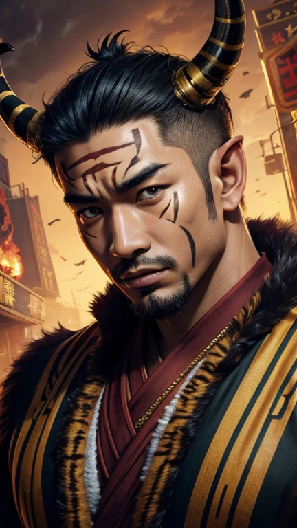 oriental、man with horns on his head、game poster、masterpiece、super resolution、(realistic:1.4)、solo、man wearing tiger striped clothes、No background、