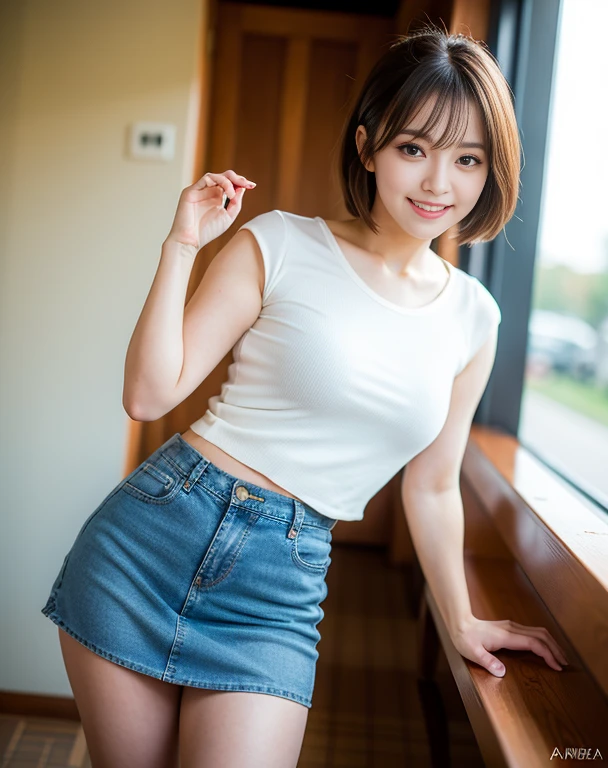 highest quality, masterpiece, Ultra-high resolution, (Reality: 1.4), Original photo, 1 woman, mature, happy smile, short hair, plump body, , Cinema Lighting, from below, ゆったりとした白のワイシャツ, sunset, cowboy shot、High school girls after school,skirtlift:1.4
