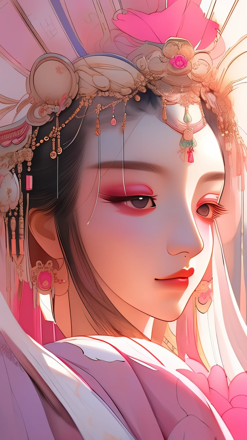 masterpiece,close up,Chinese classical style,Antique beauty,,Ink smudge,watercolor smudge,Exquisite makeup,modeling,Gorgeous headdress,Pink Hanfu,hanfu,Chinese costumes,全身close up,station,Big pink peonies,Pink and powder blue,The collision of two colors,Exquisite details,Warm lighting,Light and shadow rendering,HD,Super gorgeous details,