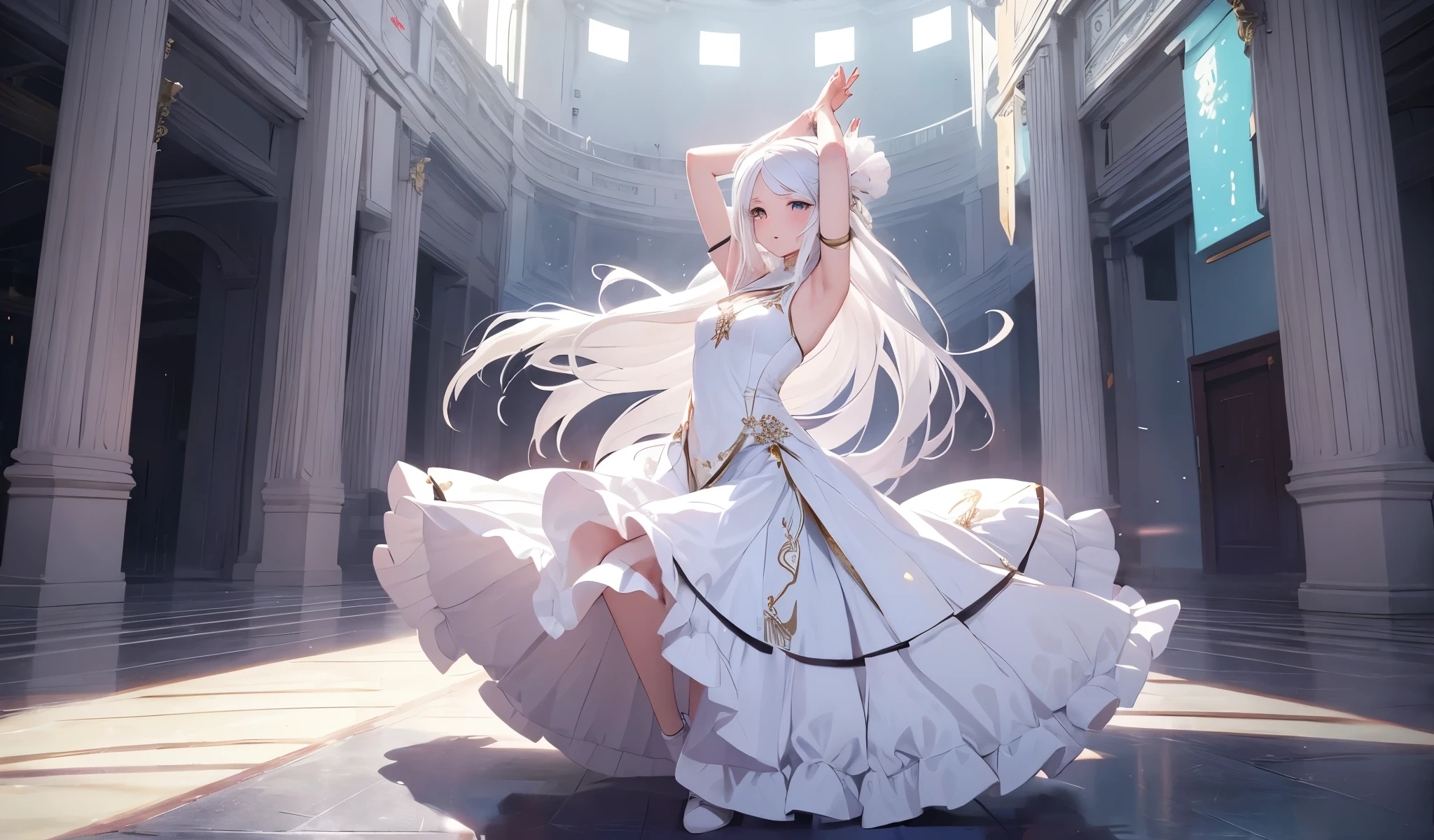 1 girl,alone,long white hair, A girl dancing lightly and gracefully,immerse yourself in dance,