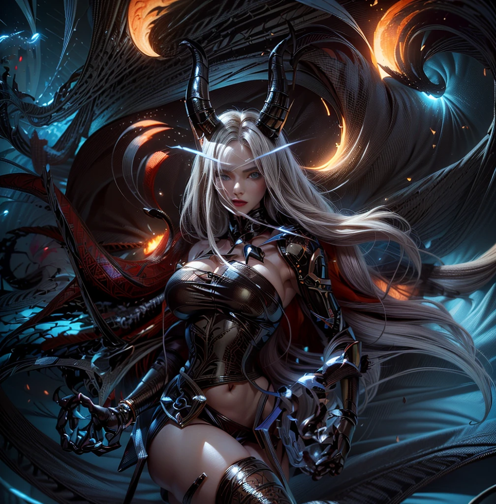(masterpiece, best quality), (Photo realistic), 1lady, solo, demon horns, (dragon, art by hermann nitsch, zdzislaw beksinski, dariusz zawadzki, giger), ((Beautiful detailed hands)), ((five perfect and beautiful fingers)), white long curly hair, beautiful, realistic pretty face, Night elf, demonhunter, big voluptuous breasts, dense long eyelashes, sexy leather armor, ultra high detailed, evil smile, dramatic lighting, photo realistic, ray tracing, cinematic lighting, Fujicolor, 8k, hd, highres, high quality, best quality, award winning, super detail, anatomically correct, Full body image, masterpiece, warcraft