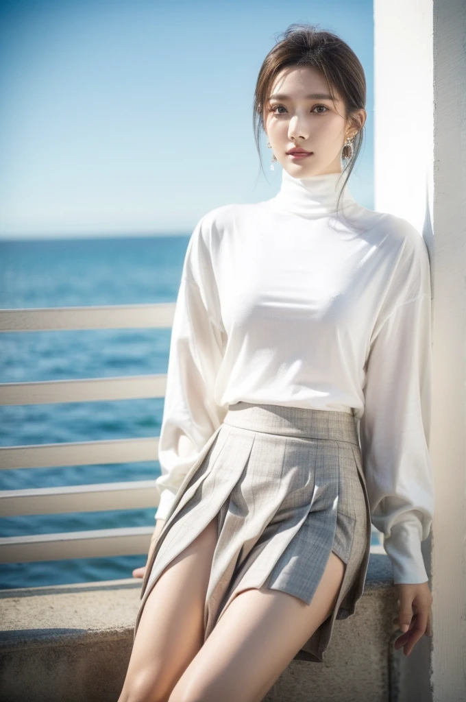 35mm photo, Li Yunsi, girl, white shirt, pleated skirt, turtleneck, earrings, highres, super detail, Super high saturation, bright and vivid colors, (best quality, masterpiece, Representative work, official art, Professional, 8k)