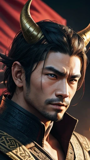 oriental、man with horns on his head、game poster、masterpiece、super resolution、(realistic:1.4)、solo、No background、