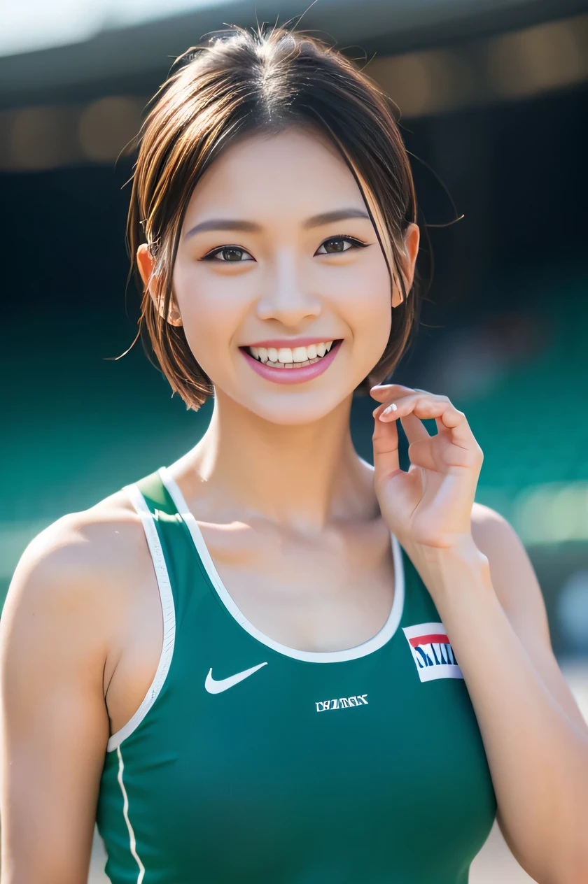 The beauty of 8K raw photos:2.0, short hair, 25 years old, great face and dark eyes, stare at the camera, smile full of joy:1.6, show teeth, put hands behind head, dynamic pose, model's stance, (green sportswear:1.2)、wear sneakers:1.4, realistic:1.9, very detailed CG 統合 8k 壁紙, very detailed, High resolution RAW color photos, professional photos, Taken at the stadium, girl sexy portrait