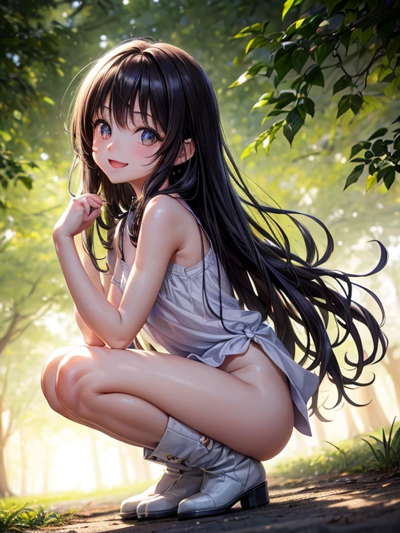 ((small breasts、cute face,small and flat chest))、((side shot)),((alone))、((delicate body)),((squat with legs apart)), ((Centered on the buttocks)),((preteen)), beautiful girl, there are freckles on her face, light green eyes, big earrings, white tank top, cream mini skirt, heel boots, whole body, ((shot from below)), very bright skin , very long hair, wavy hair , black hair,Japanese、 in the park in the evening, realistic, indirect lighting, volumetric light, ray tracing, super detailed, highest quality, ultra high resolution, nffsw, 8K masterpiece, highest quality, ((,infant body shape)),((Big eyes))、Pose with movement,soft rays of light、RAW photo, absurd, ((with smiling eyes、smile)), ((open your mouth)),((loli face:1.((whole bodyエスビアン,))、((young face)),camera angle from the front,White panties are visible、