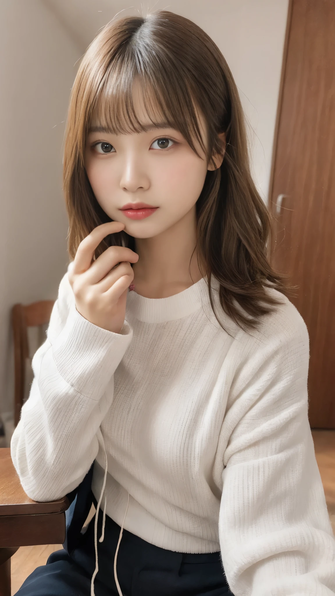 table top, highest quality, figure, super detailed, finely, High resolution, 8k wallpaper, 完璧なダイナミックな構figure, beautiful and fine eyes, woman's fashion fluffy winter clothes,medium hair,small breasts natural color lip, bold sexy pose、20 year old girl、cute、sexy shot looking at camera,RAW photo,anatomically correct body,blur the background,perfect and beautiful face,KPOP idol face,Slim face and body