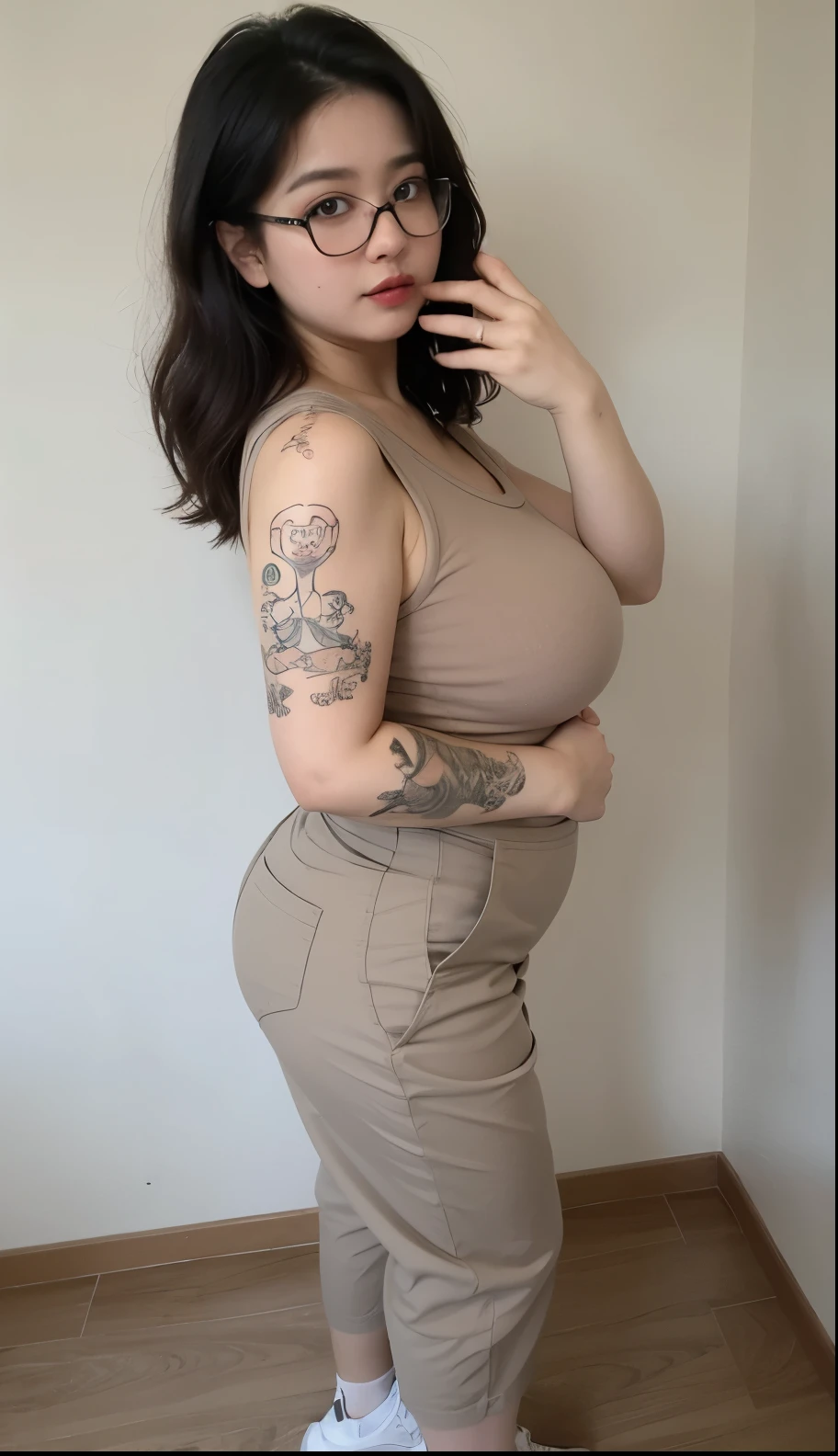 ((best quality)), ((masterpiece)), (detailed), perfect face, Beautiful, mother-in-law, asian-Indonesian , voluptuous, wearing random clothes (formal), In the black room, seductive expression, chubby body, nice body, milf chubby, chinese-Indonesian. Full body, big arm, wide hips , wearing a sneakers, bob hairstyle, baby face , chubby cheeks, 35 year old, chubby tall woman, tattooed thighs , yakuza tattoos , big thighs, big armpits , chubby massive cheeks , thick neck, cold atmosphere, low light, wavy short haired, big breasts, showing her armpits , thick woman , turtleneck, thick woman . Full body, wearing shorts pants