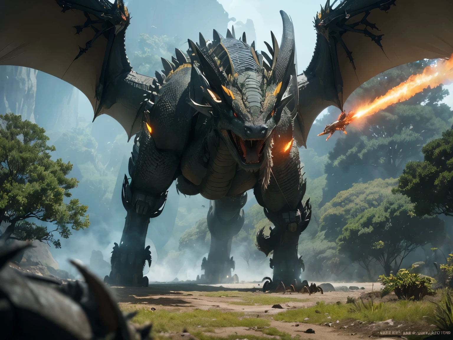 The battle takes place in a vast, ancient forest.
The prehistoric Robot Dragon, while the futuristic Robot dragon fires lasers from its eyes.
The prehistoric dragon is larger and stronger, but the futuristic Robot dragon is faster and more agile. (Realistic, cinematic, 8k detail)
