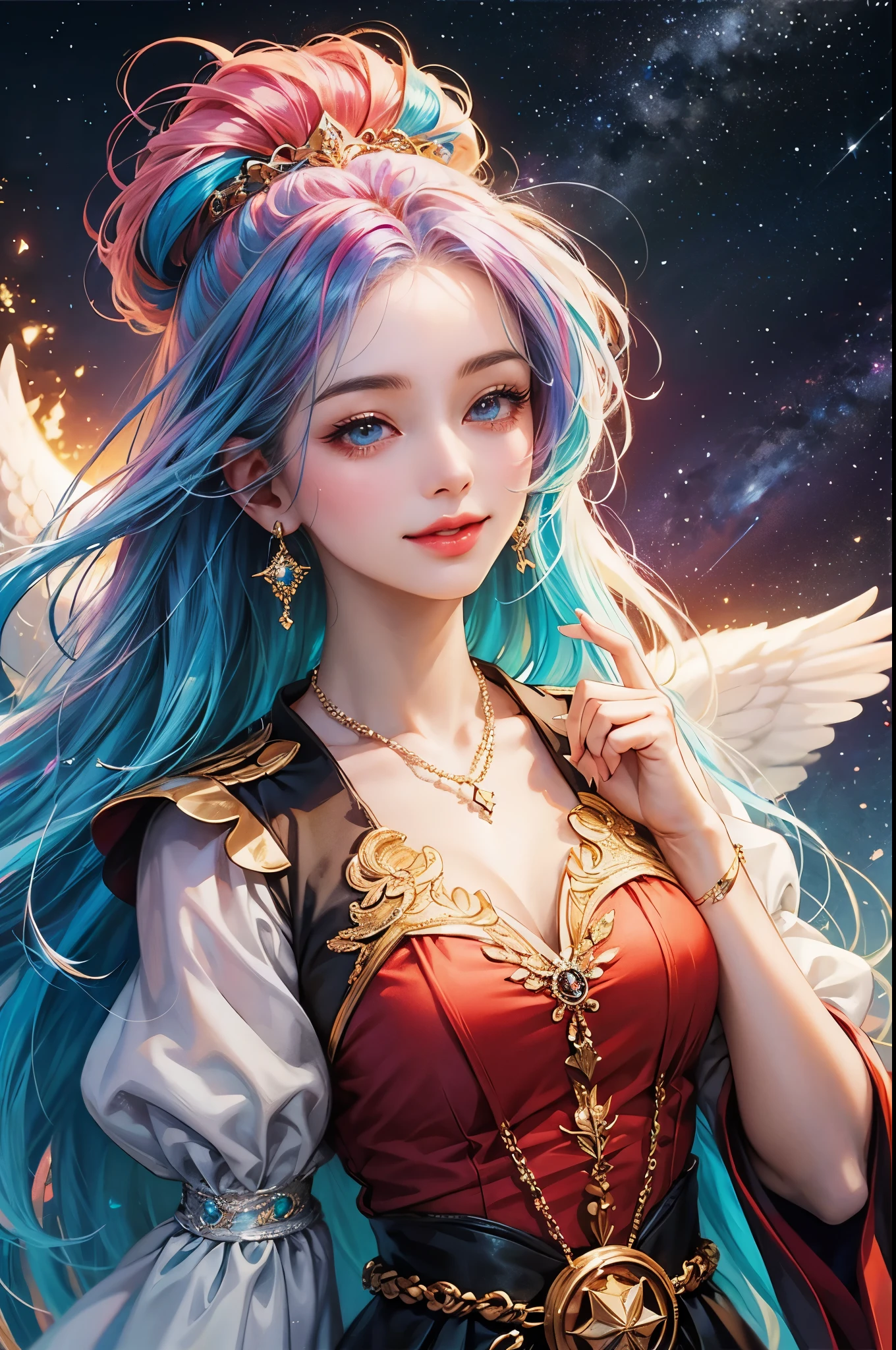 Close-up of a woman with colorful hair and necklace, anime girl with space hair, Rossdraws soft vibrancy, Art in the Gviz style, fantasy art style, colorful], vibrant fantasy style, A vibrant Ross cartoon, cosmic and colorful, Gweiz, colorful digital fantasy art, impressive art style, Nice anime style, shiny hair、Angel、wing、smile、front、lots of hearts in the background、frontを向く、Costume is white、The clothes are soft、wingがはえている、Angel、Angel