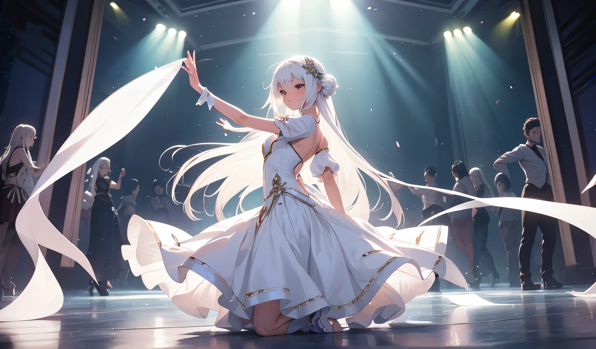 1 girl,alone,long white hair, A girl dancing lightly and gracefully,immerse yourself in dance,