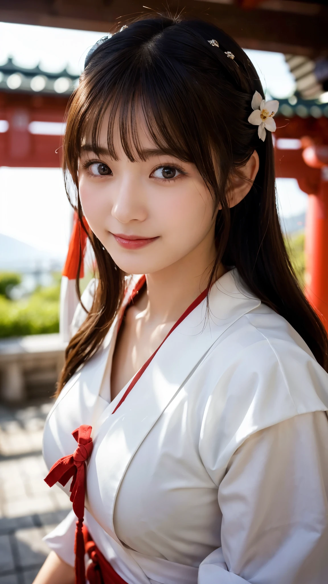 (highest quality,8K quality,masterpiece:1.3),(ultra high resolution,photorealistic:1.4,Live shooting),(Super detailed,caustics),(ultra-realistic capture,Beautifully detailed skin),(shrine),(torii)、(white and red shrine maiden costume),18-year-old,Japanese,cute,black long hair,Low ponytail,Smiling and looking at the camera,big boobs,bust up shot,Close-up,breast focus,low position,Low - Angle,soft light,A ray of light shines on a girl,Natural light,